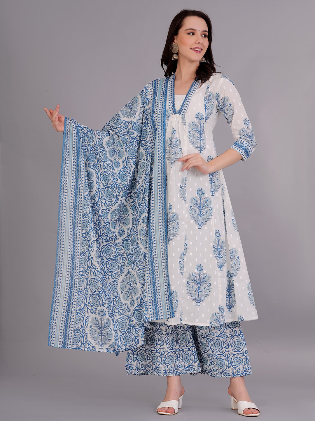 

JC4U Ethnic Motifs Printed Pure Cotton A-Line Kurta & Palazzo With Dupatta, White