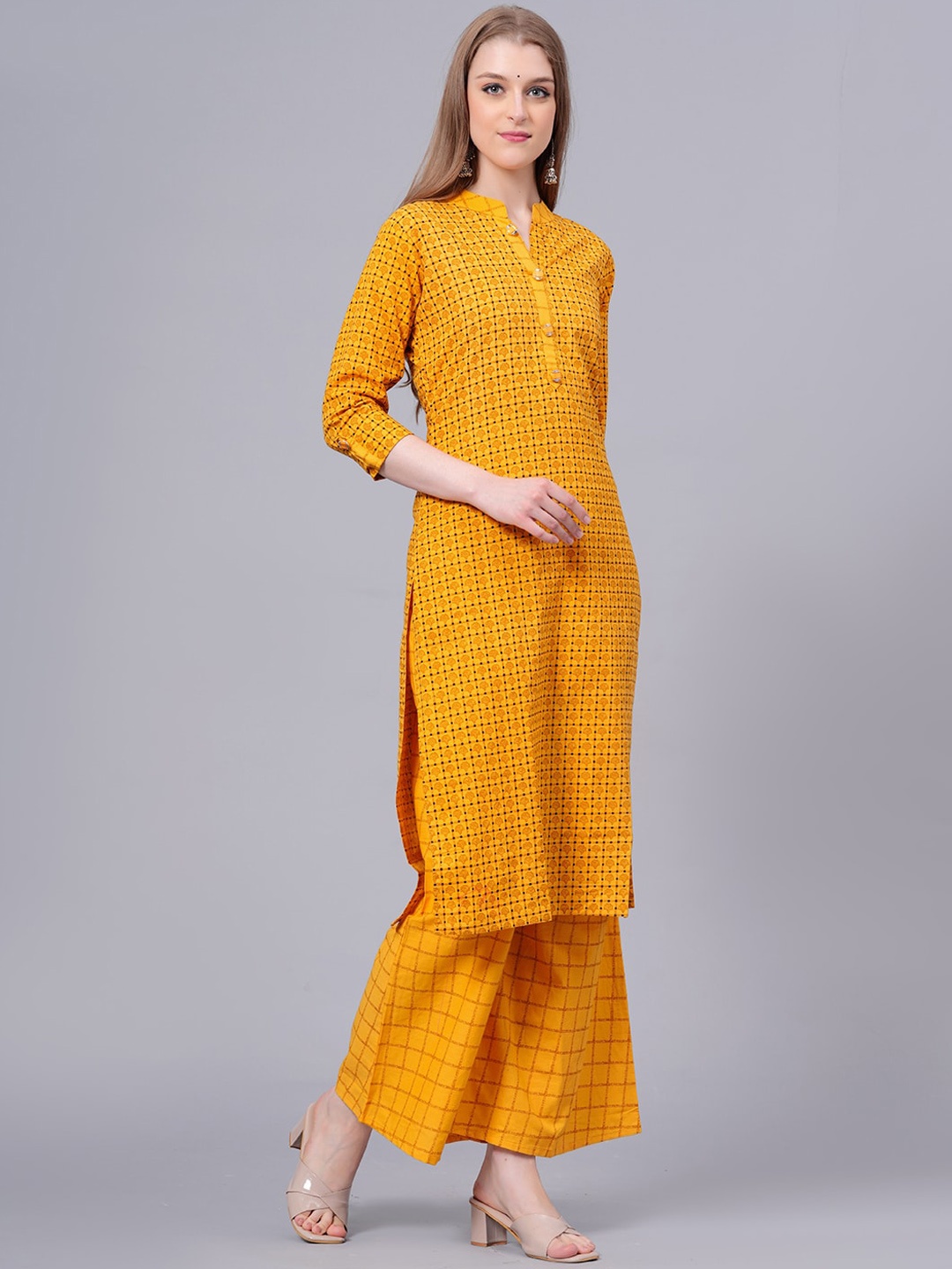 

JC4U Ethnic Motifs Printed Pure Cotton Kurta With Palazzo, Yellow