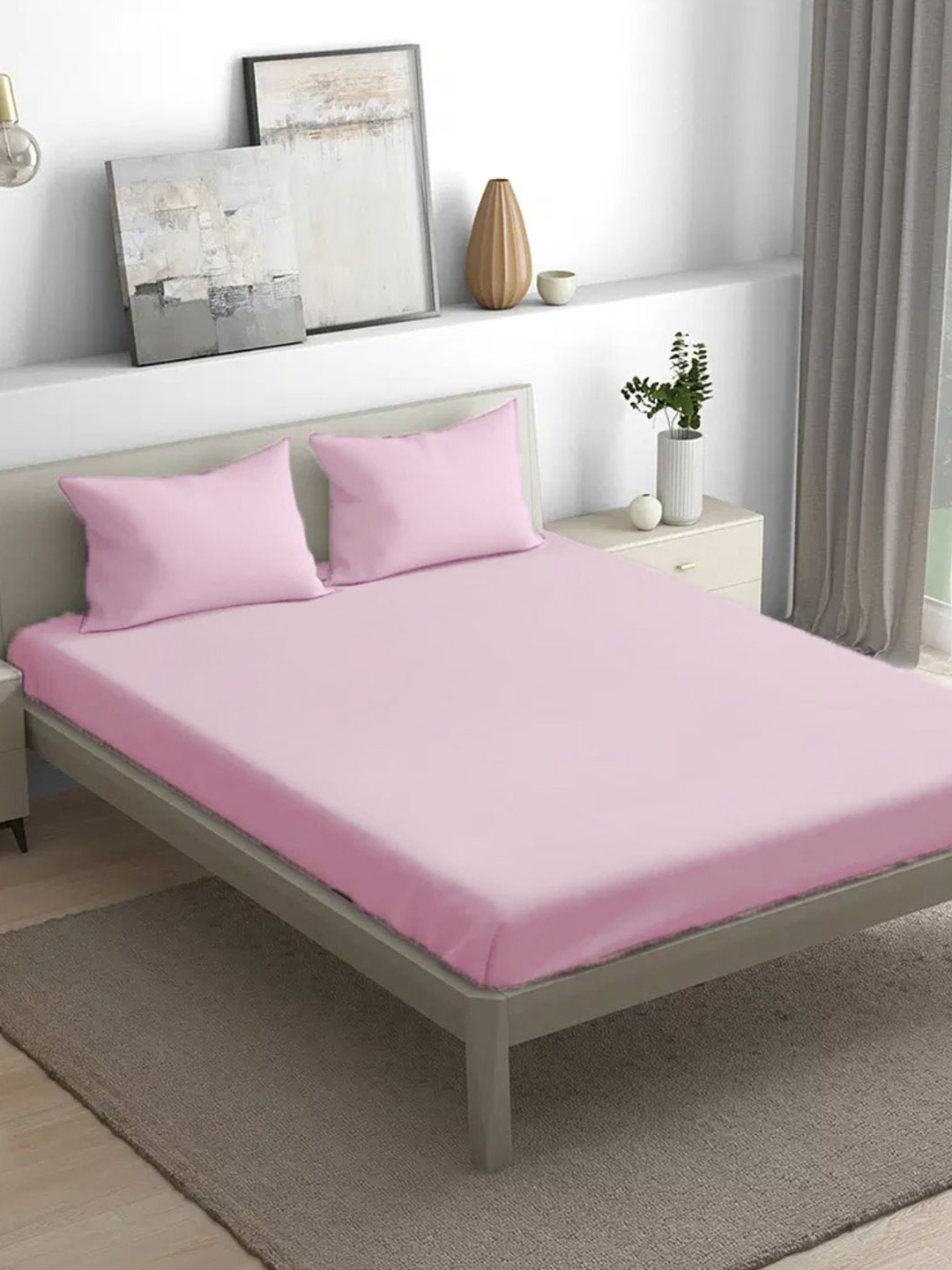 

House of Owlet Pink Solid Cotton 210 TC King Bedsheet With 2 Pillow Covers