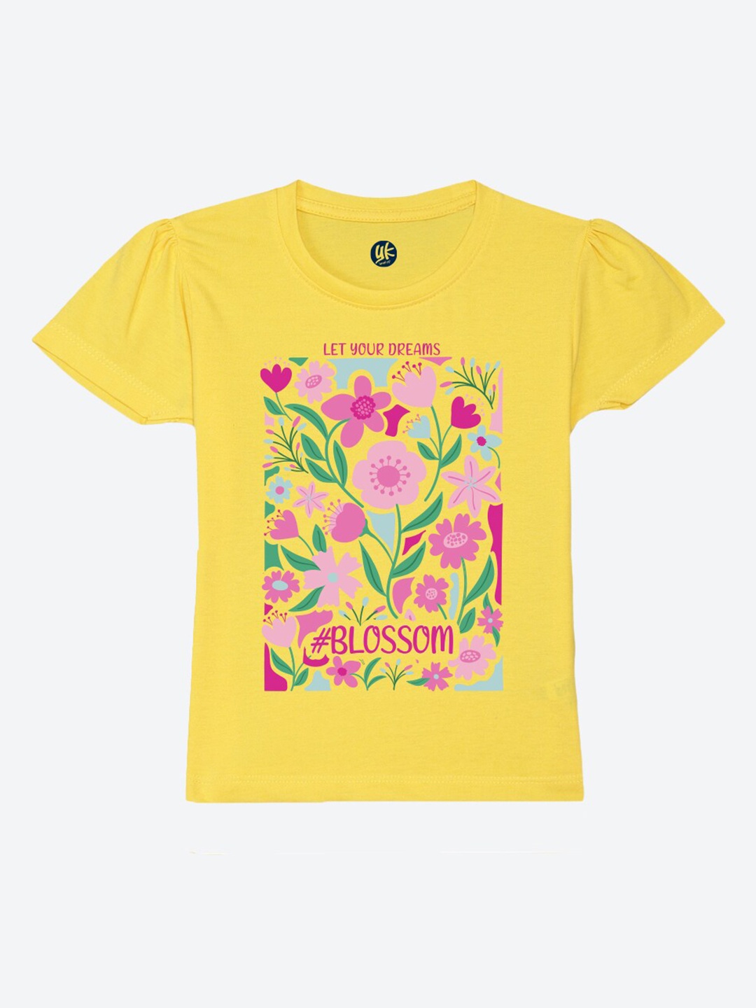 

YK Girls Graphic Printed Puff Sleeves Pure Cotton Regular T-shirt, Yellow