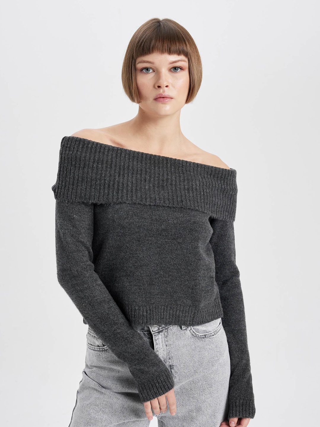 

DeFacto Off Shoulder Pullover Sweater, Charcoal