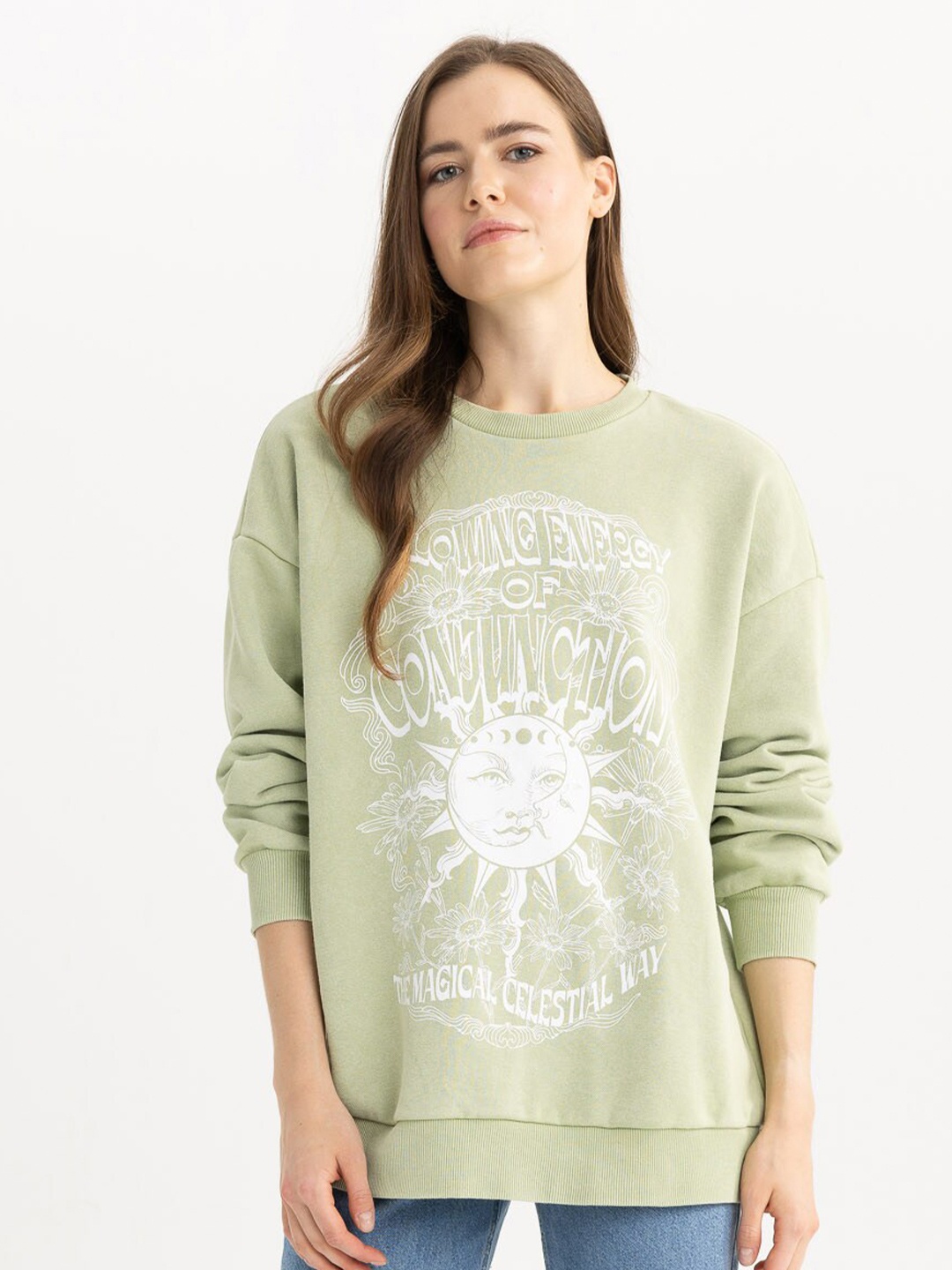 

DeFacto Typography Printed Round Neck Long Sleeve Pullover Sweatshirt, Green