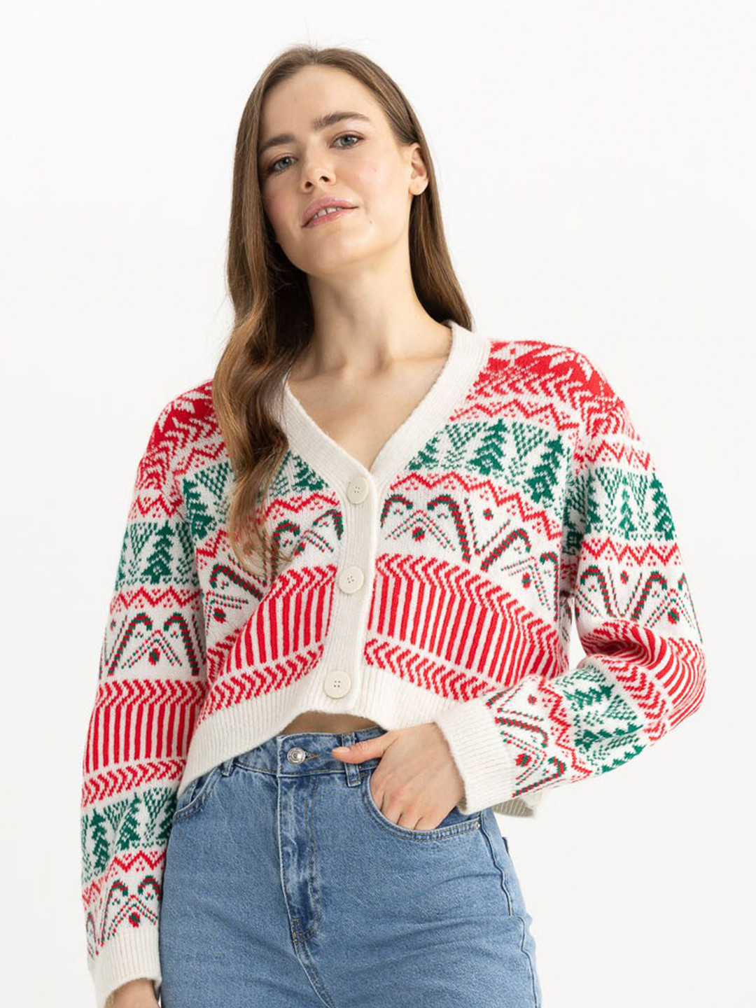 

DeFacto Printed Crop Cardigan, Red