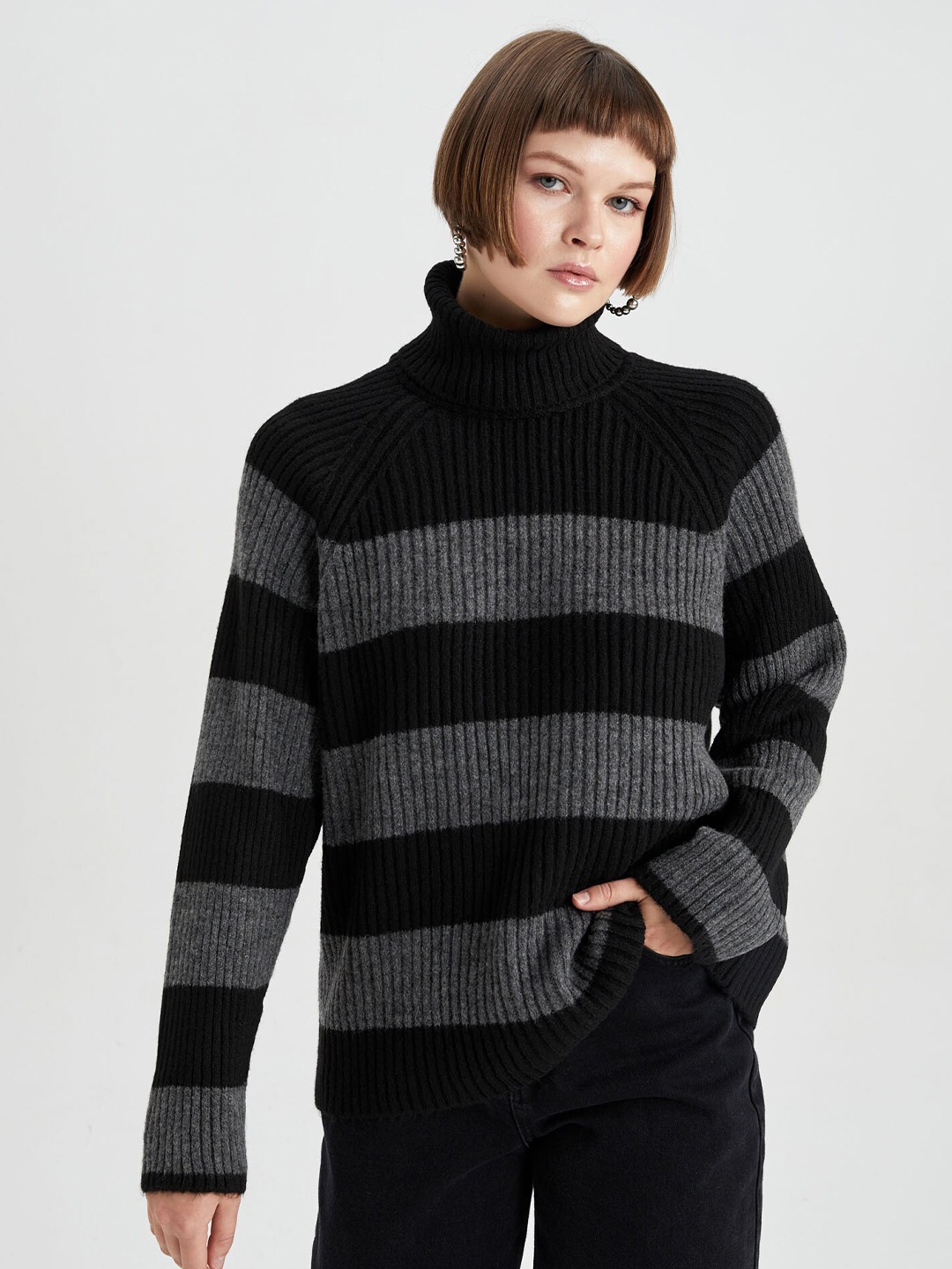 

DeFacto Striped Turtle Neck Pullover, Grey