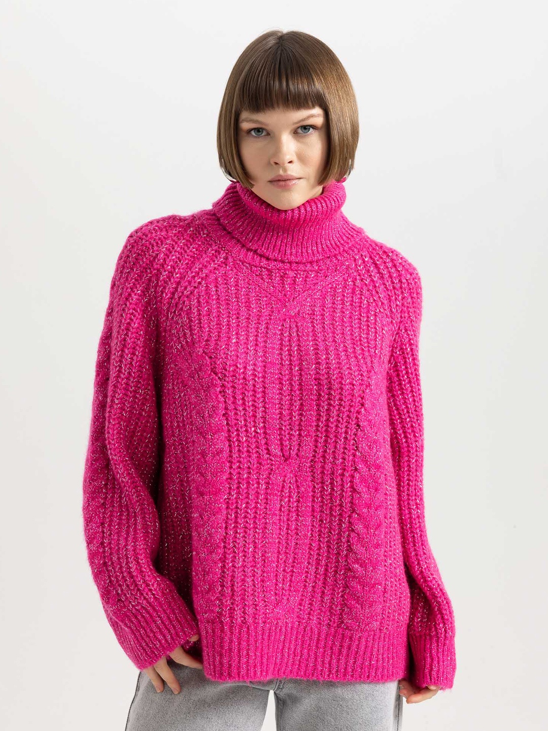 

DeFacto Cable Knit Turtle Neck Long Sleeves Pullover Sweater, Pink