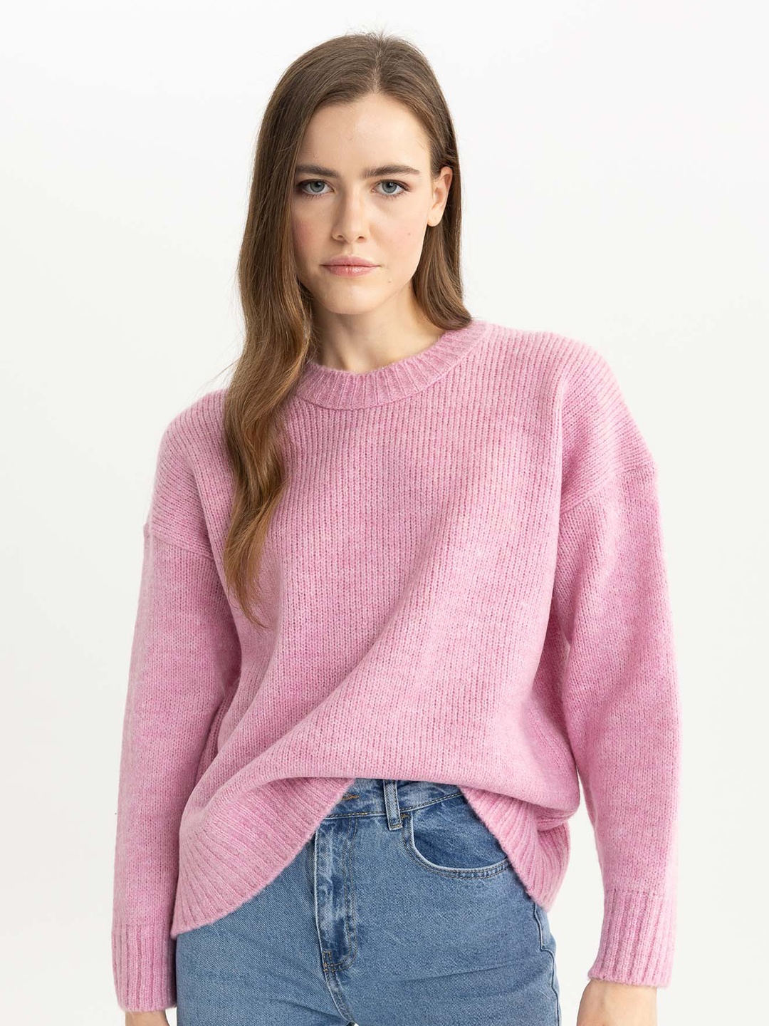 

DeFacto Round Neck Drop Shoulder Sleeves Pullover, Pink