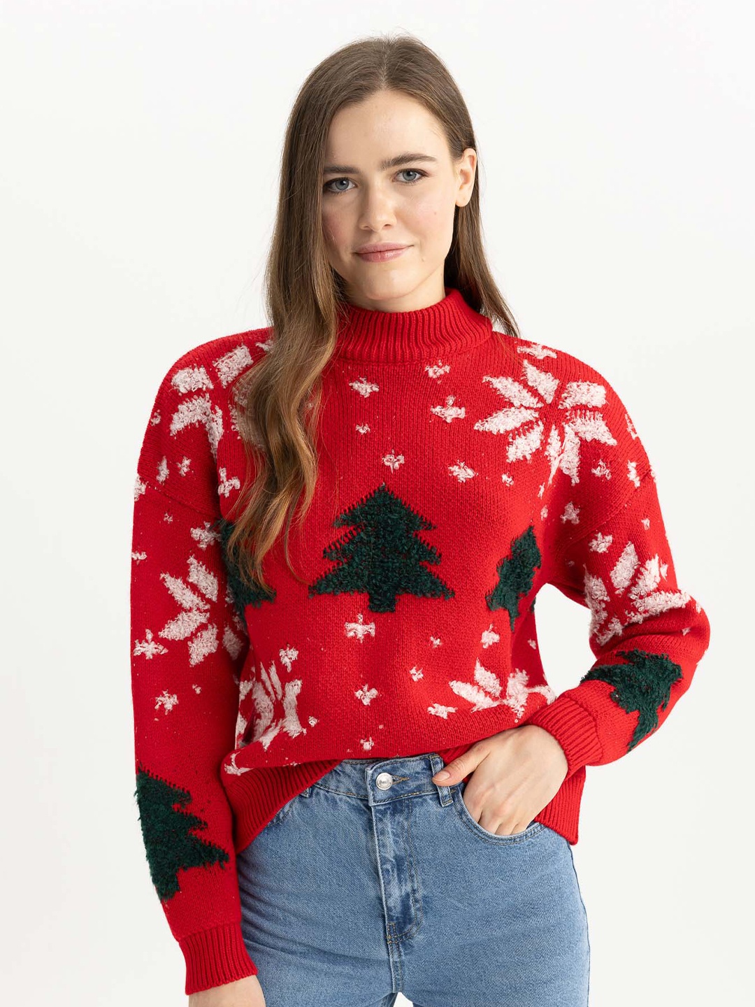 

DeFacto Floral Self Design Turtle Neck Pullover Sweater, Red