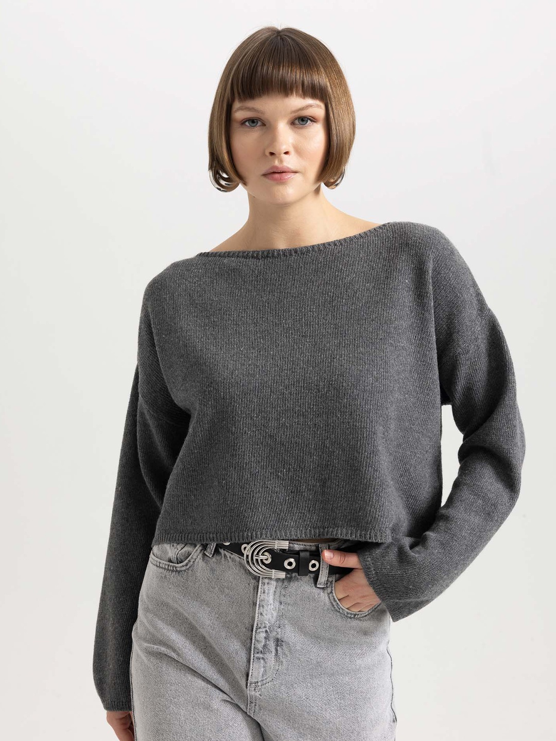 

DeFacto Boat Neck Pullover Sweater, Grey