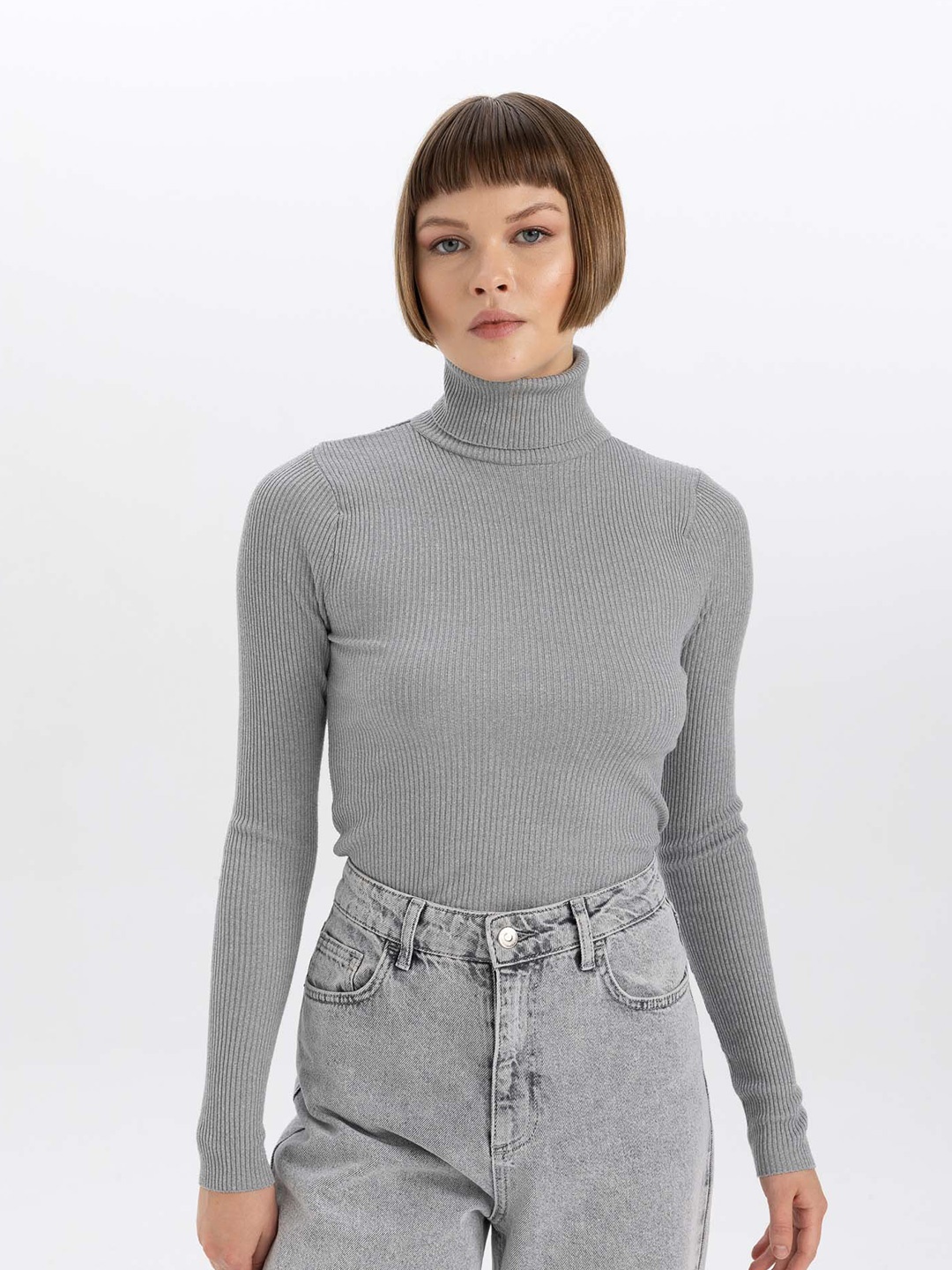 

DeFacto Ribbed Turtle Neck Pullover, Grey