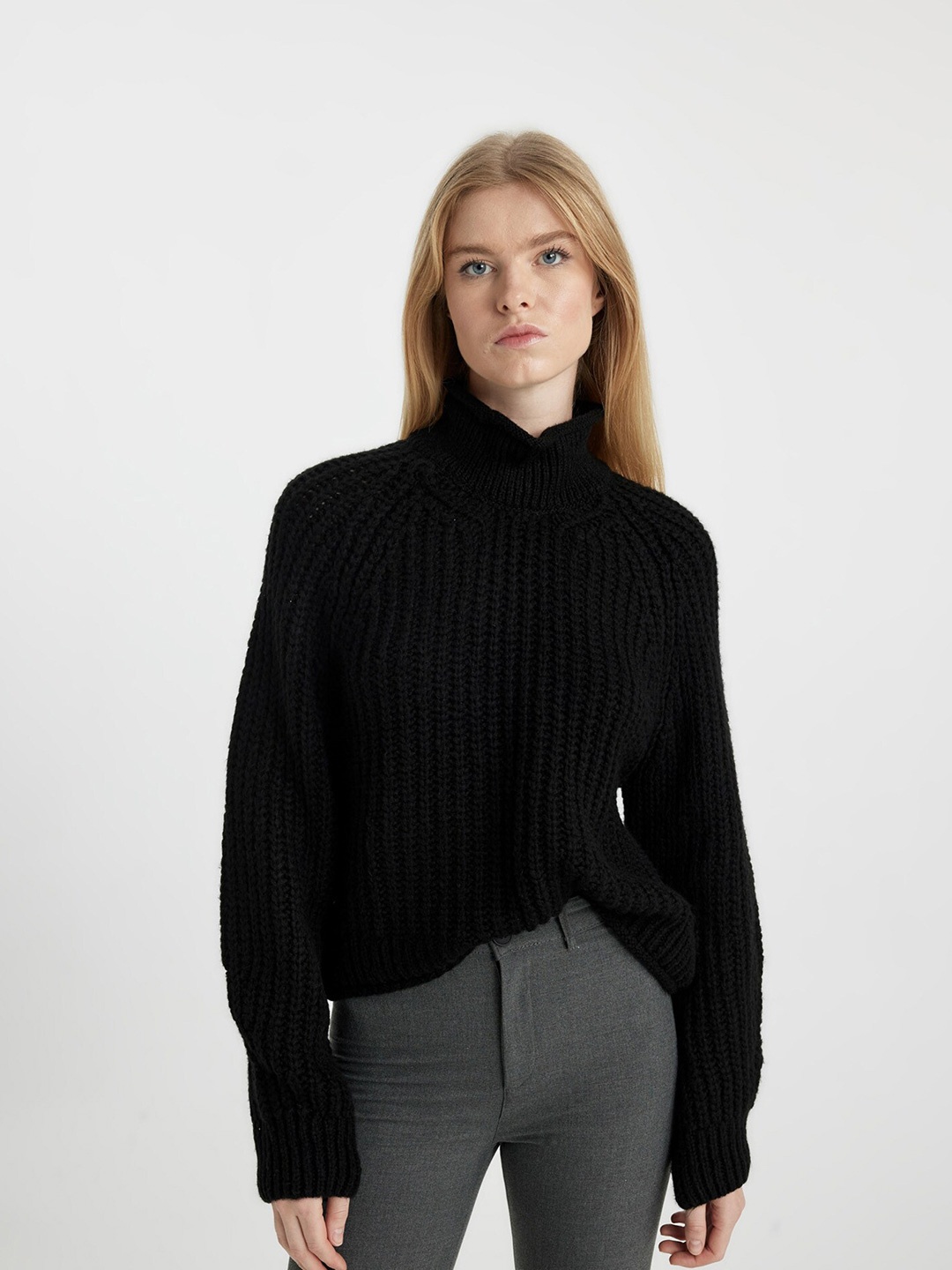 

DeFacto Cable Knit Mock Collar Pullover, Black