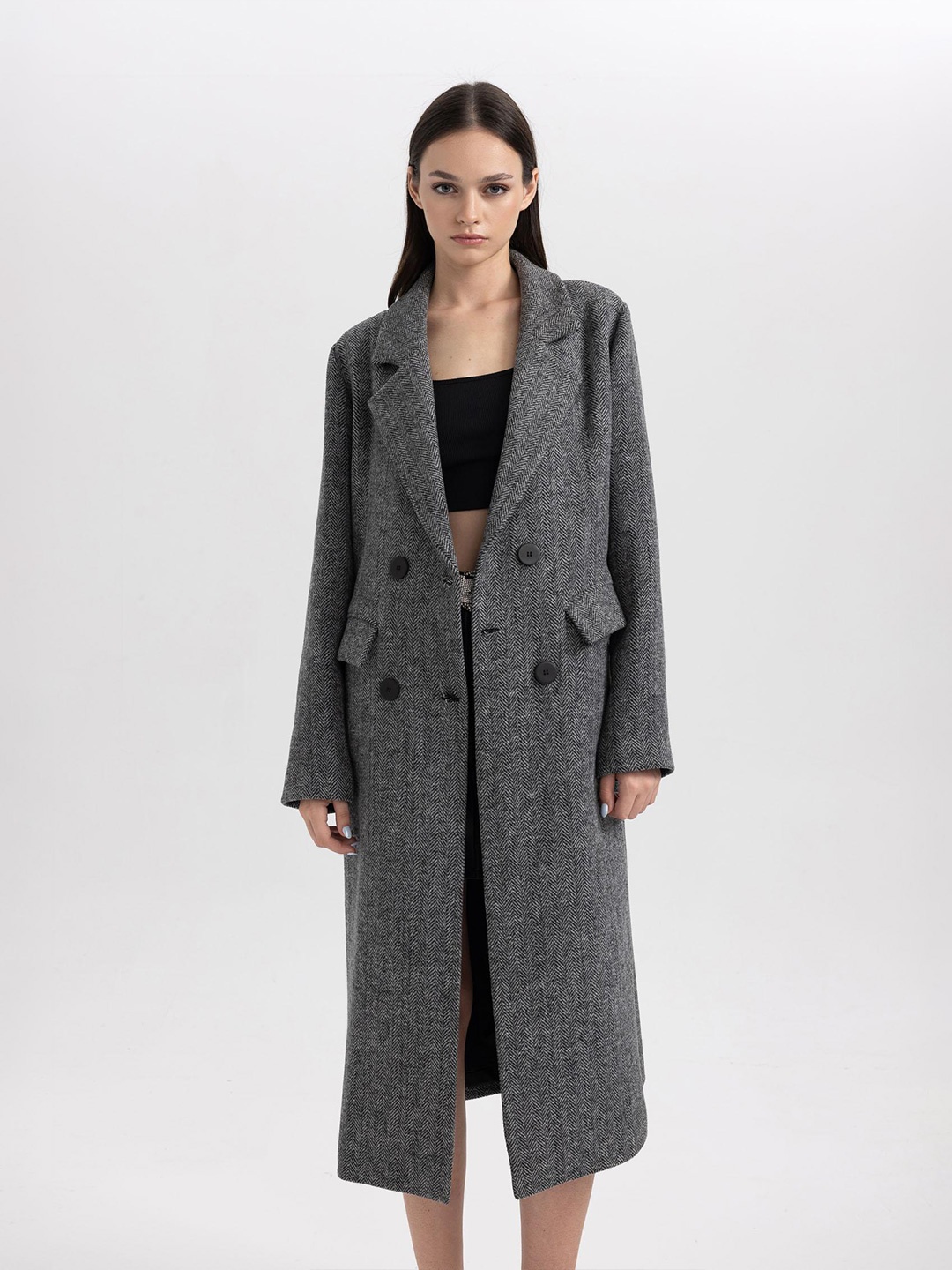 

DeFacto Striped Notched Lapel Collar Longline Overcoat, Grey