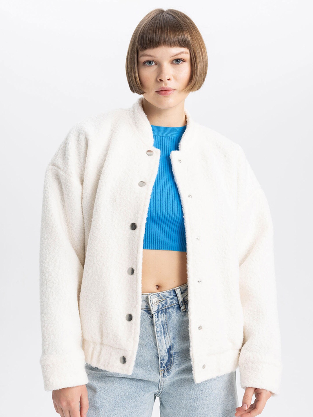 

DeFacto Boucle Mock Collar Cardigan, White