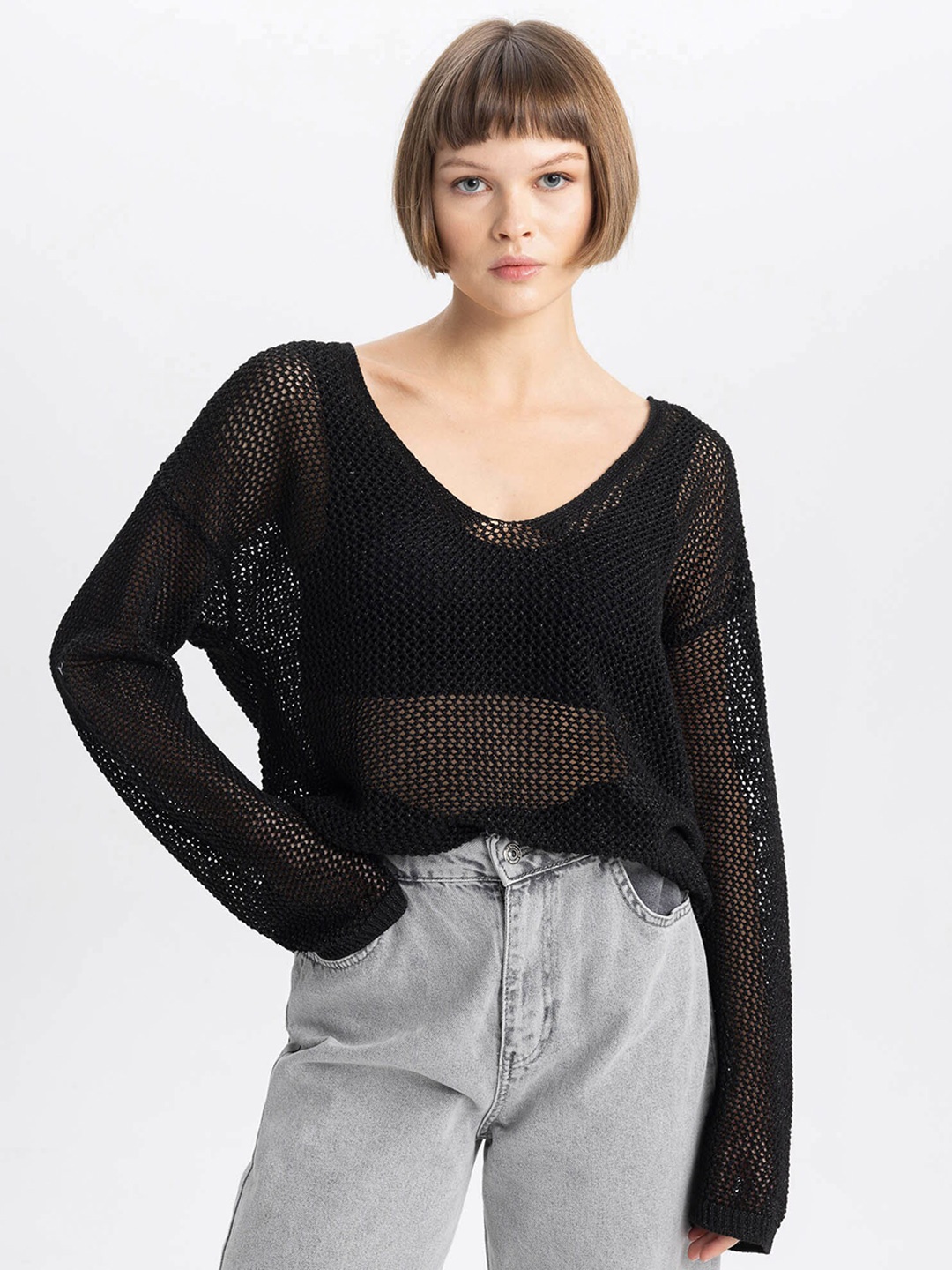 

DeFacto Self Design Scoop Neck Semi Sheer Longline Top, Black