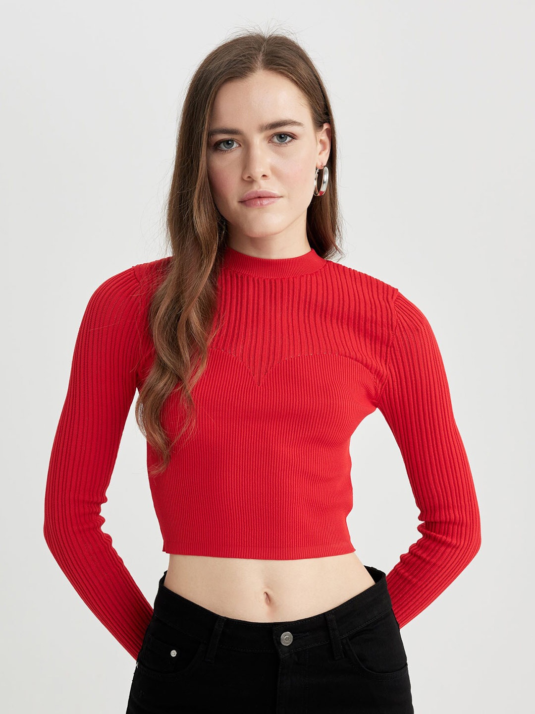 

DeFacto Self Design Hoigh Neck Cropped Fitted Top, Red