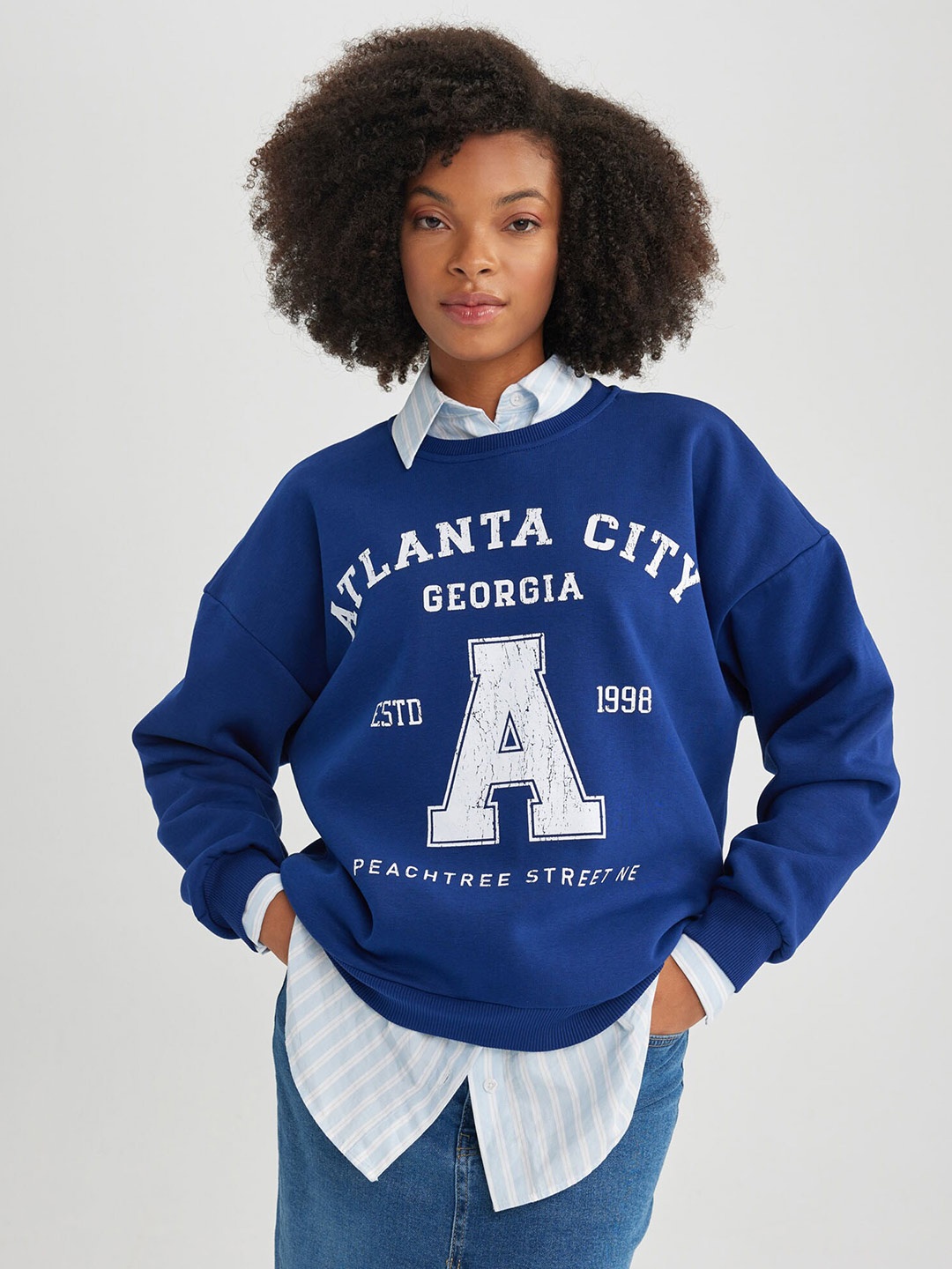 

DeFacto Typography Printed Pullover Sweatshirt, Blue