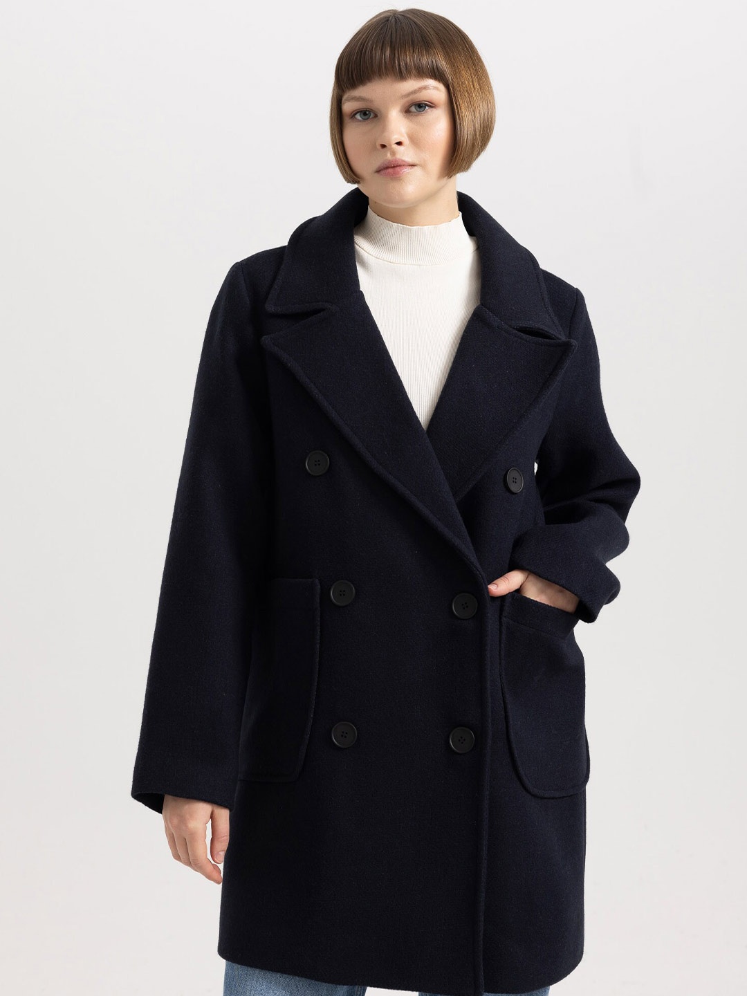 

DeFacto Notched Lapel Collar Double-Breasted Longline Overcoat, Navy blue