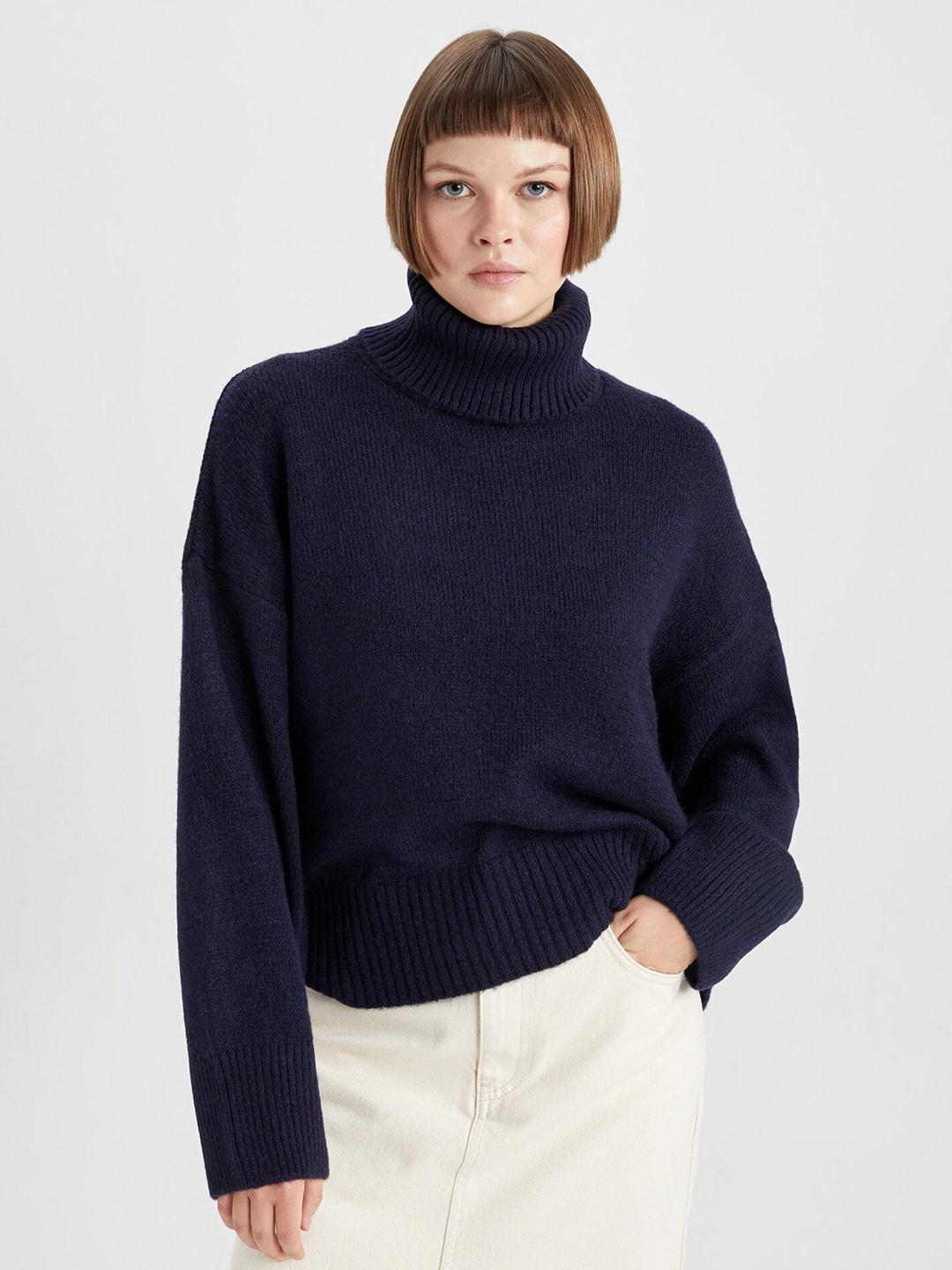 

DeFacto Ribbed Turtle Neck Pullover, Navy blue