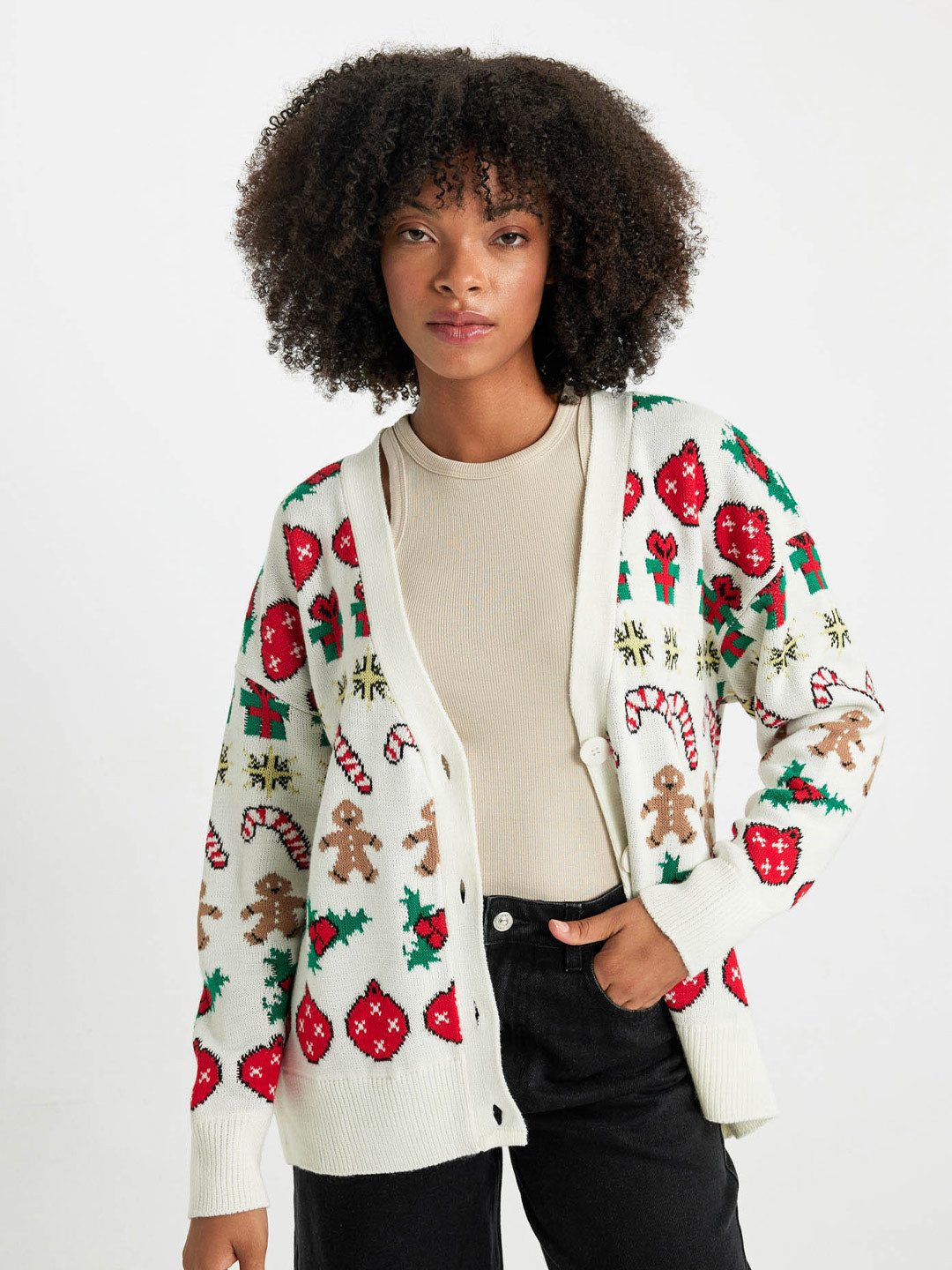 

DeFacto Conversational Printed Acrylic Cardigan Sweaters, White