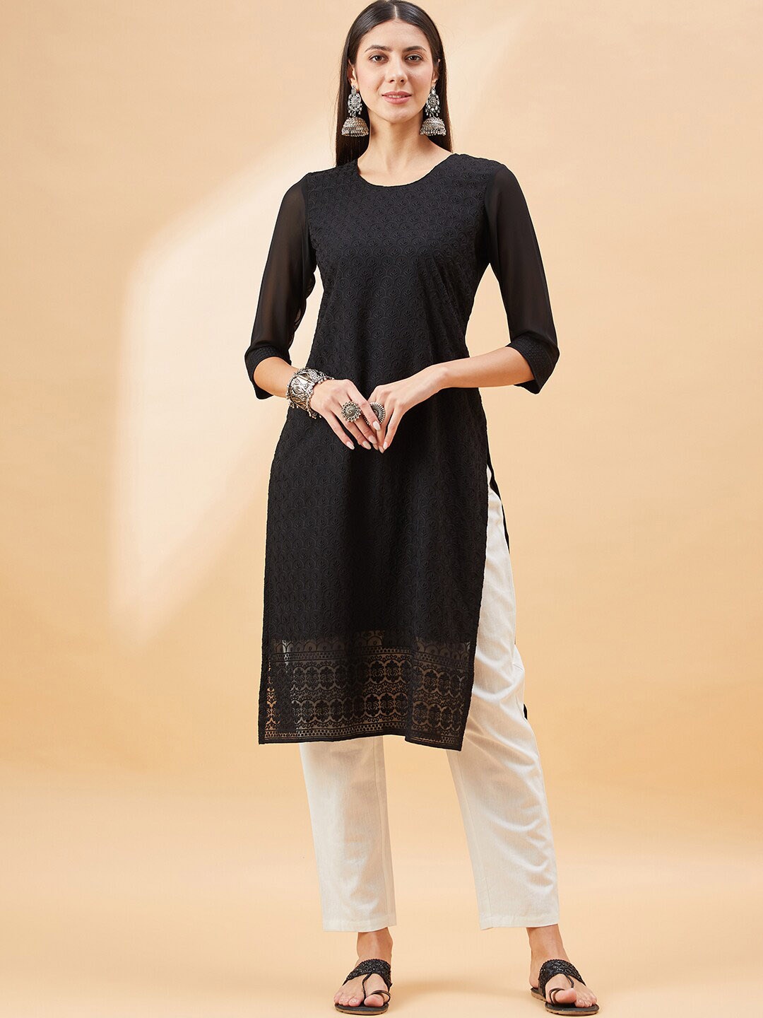 

SWAGG INDIA Ethnic Motifs Embroidered Chikankari Pure Georgette Straight Kurta, Black