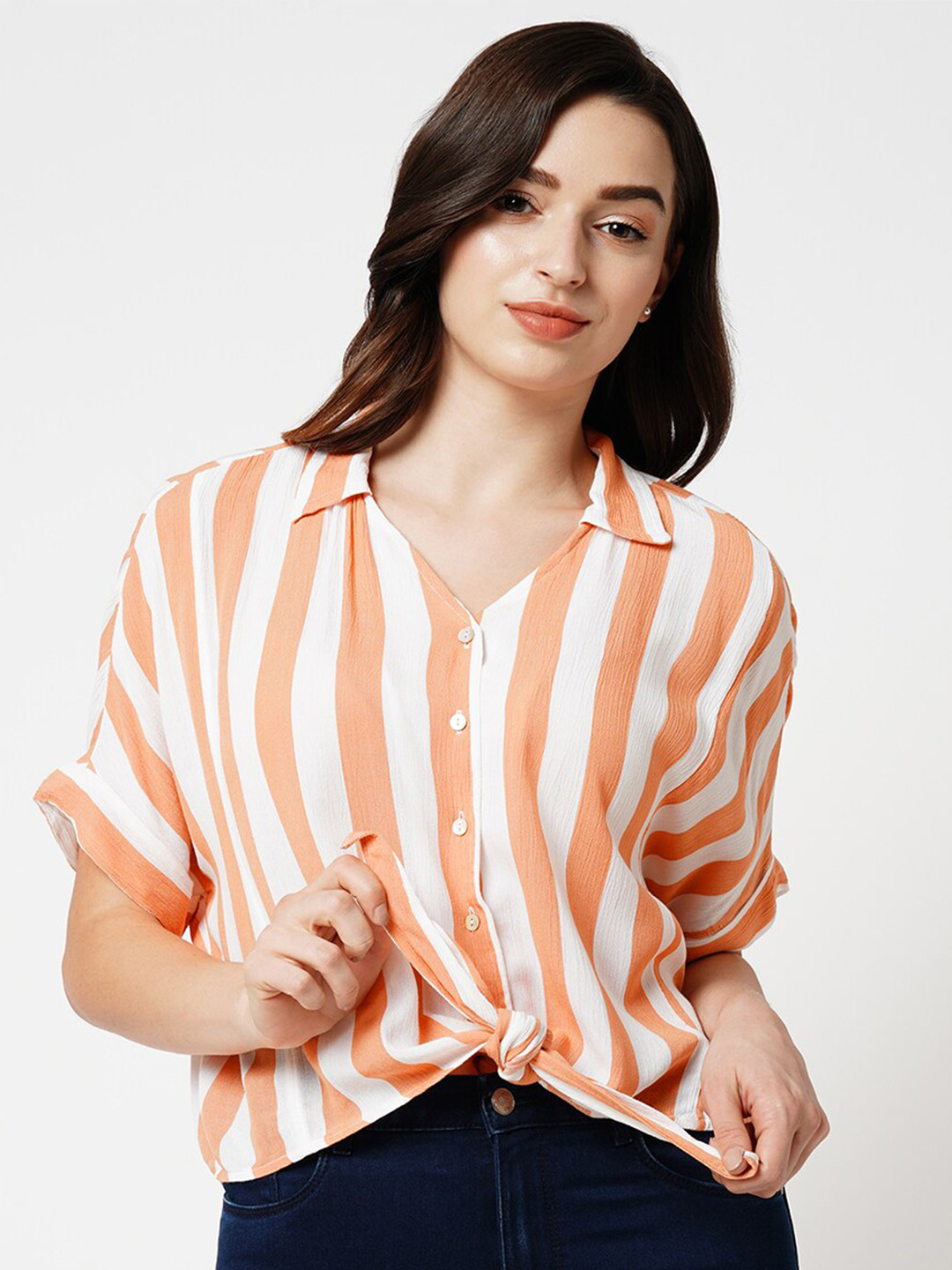 

ONLY Striped Extended Sleeves Tie-Up Detail Shirt Style Top, White