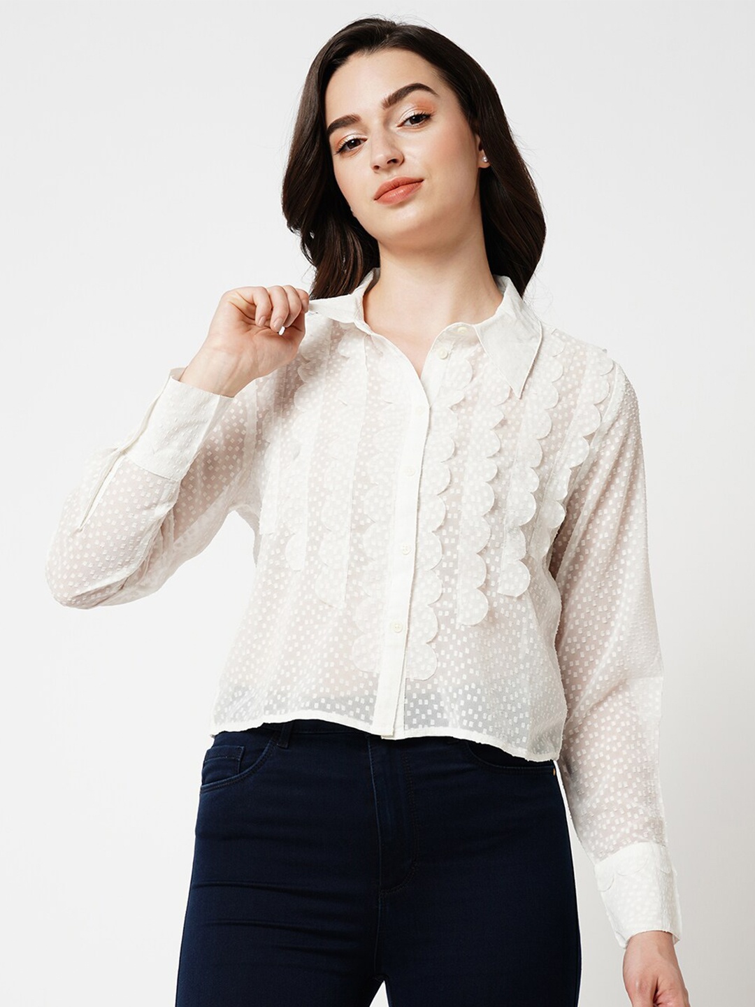 

ONLY Self Design Ruffled Semi Sheer Shirt Style Top, White