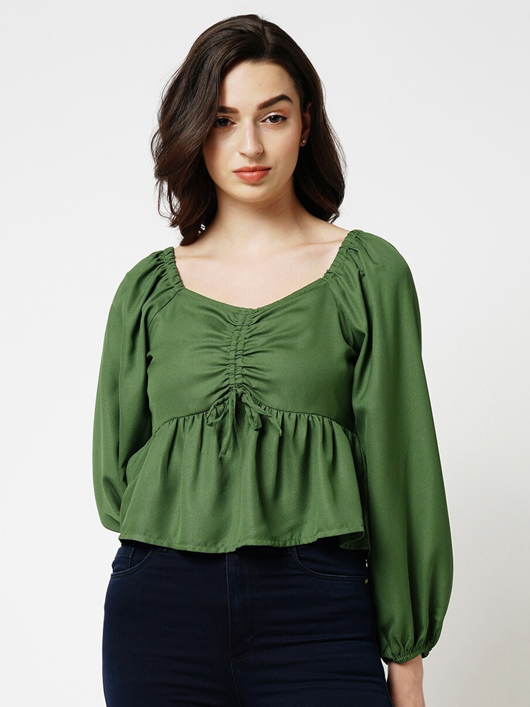 

ONLY Puff Sleeves Gathered V-Neck Peplum Top, Green
