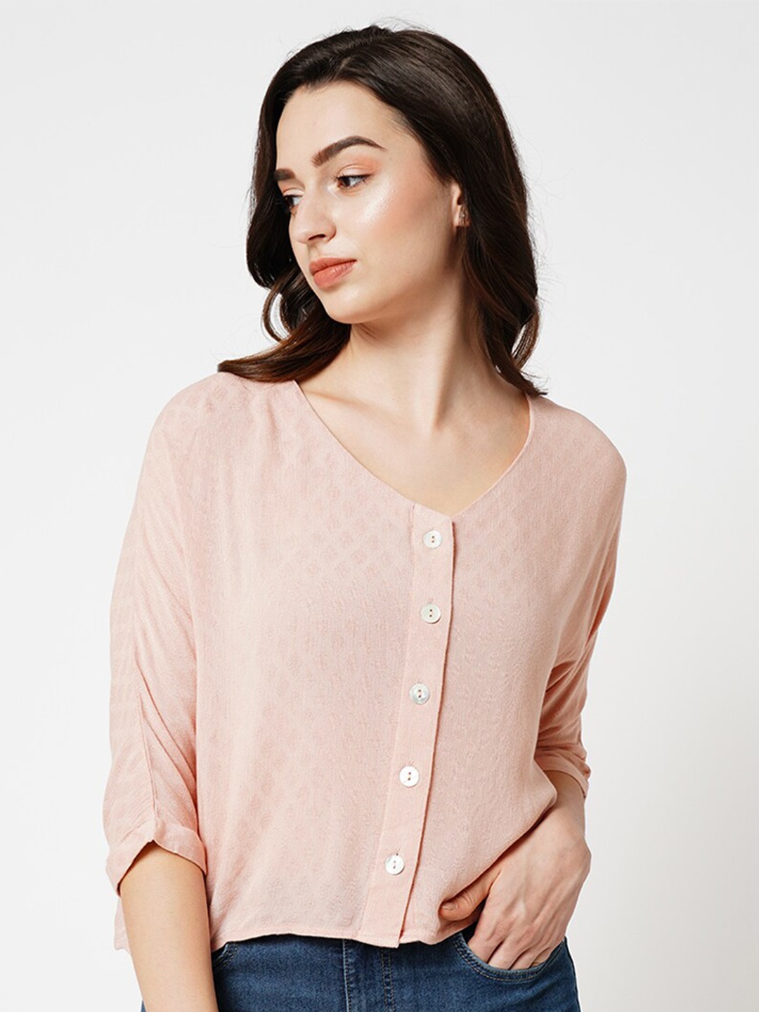 

ONLY Self Design V-Neck Shirt Style Top, Peach
