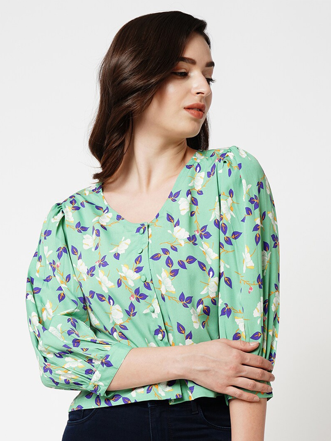 

ONLY Floral Printed V-Neck Cuffed Sleeves Shirt Style Top, Green