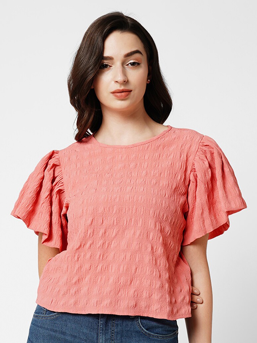 

ONLY Self Design Flared Sleeves Round Neck Top, Peach