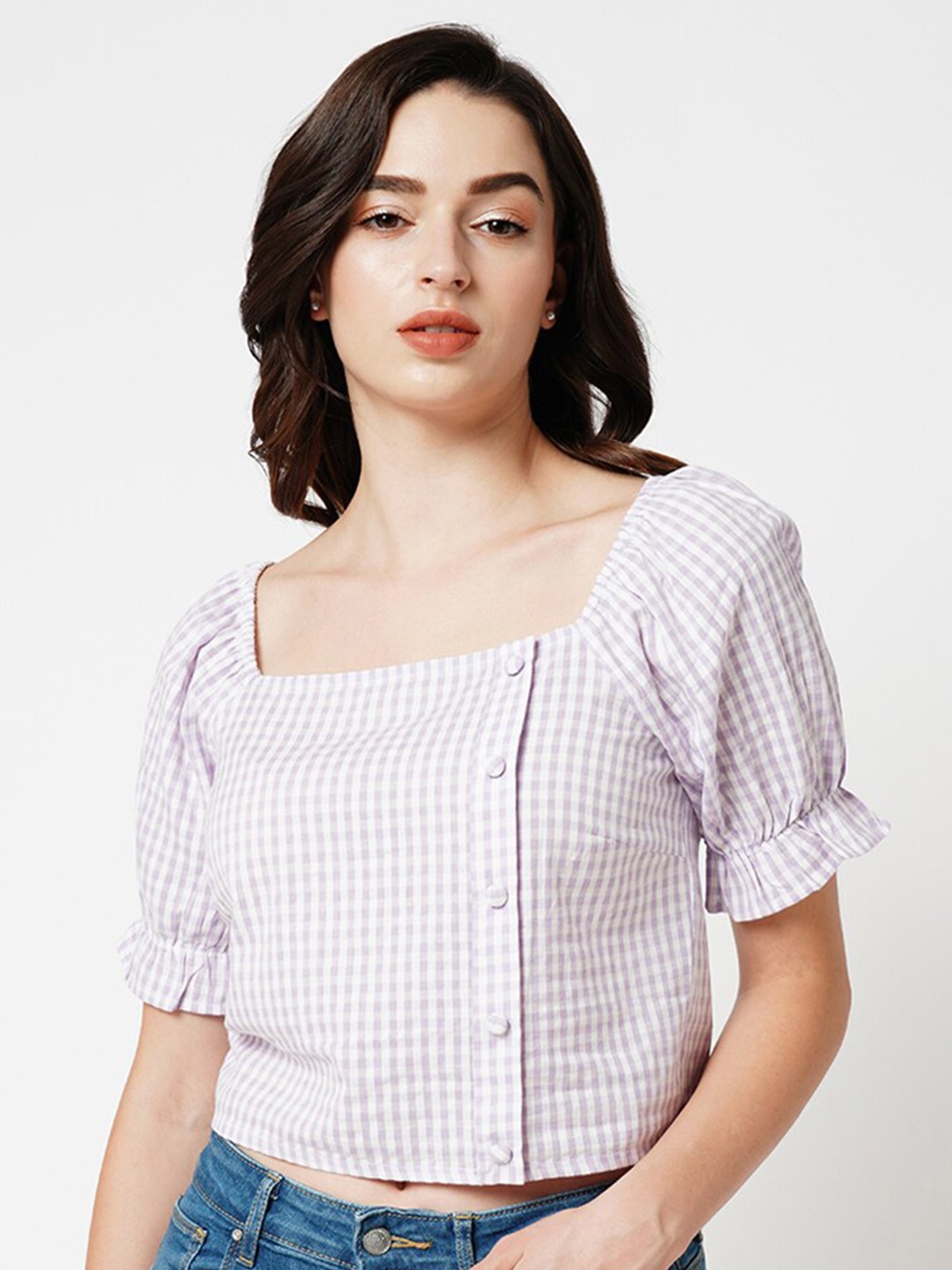 

ONLY Checked Puff Sleeves Square Neck Pure Cotton Crop Top, White
