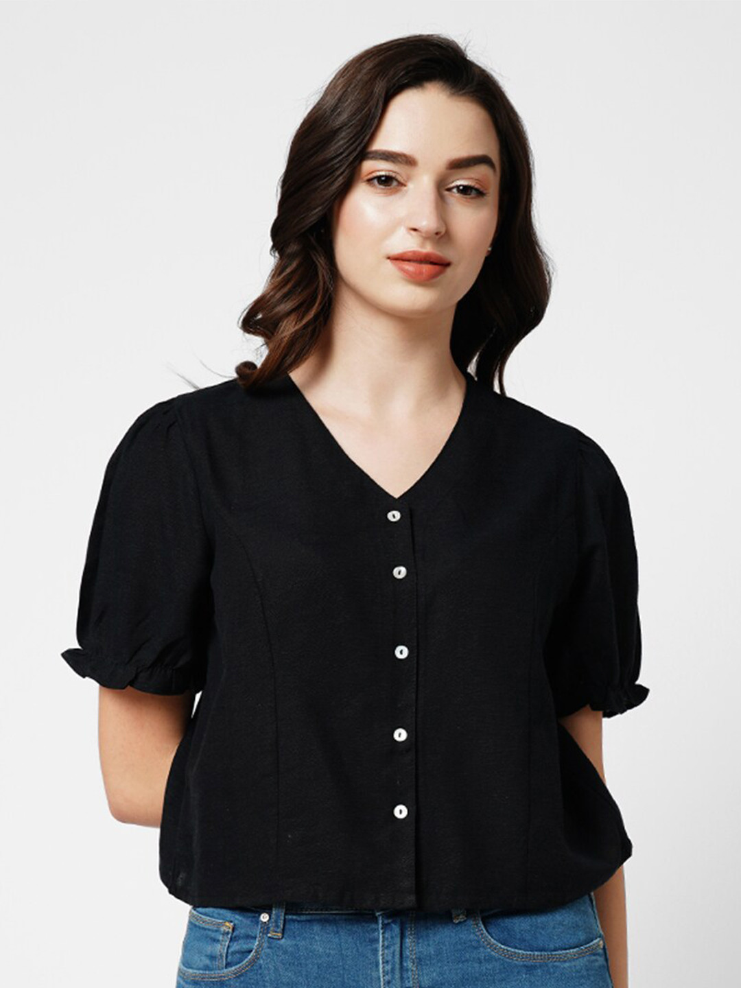 

ONLY V-Neck Puff Sleeves Shirt Style Top, Black
