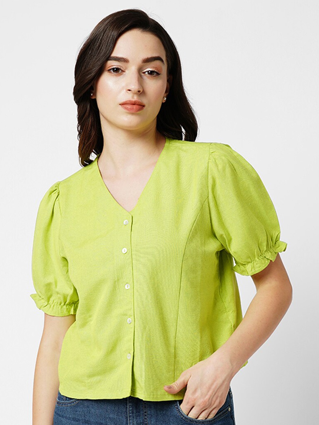 

ONLY V-Neck Puff Sleeves Shirt Style Top, Lime green