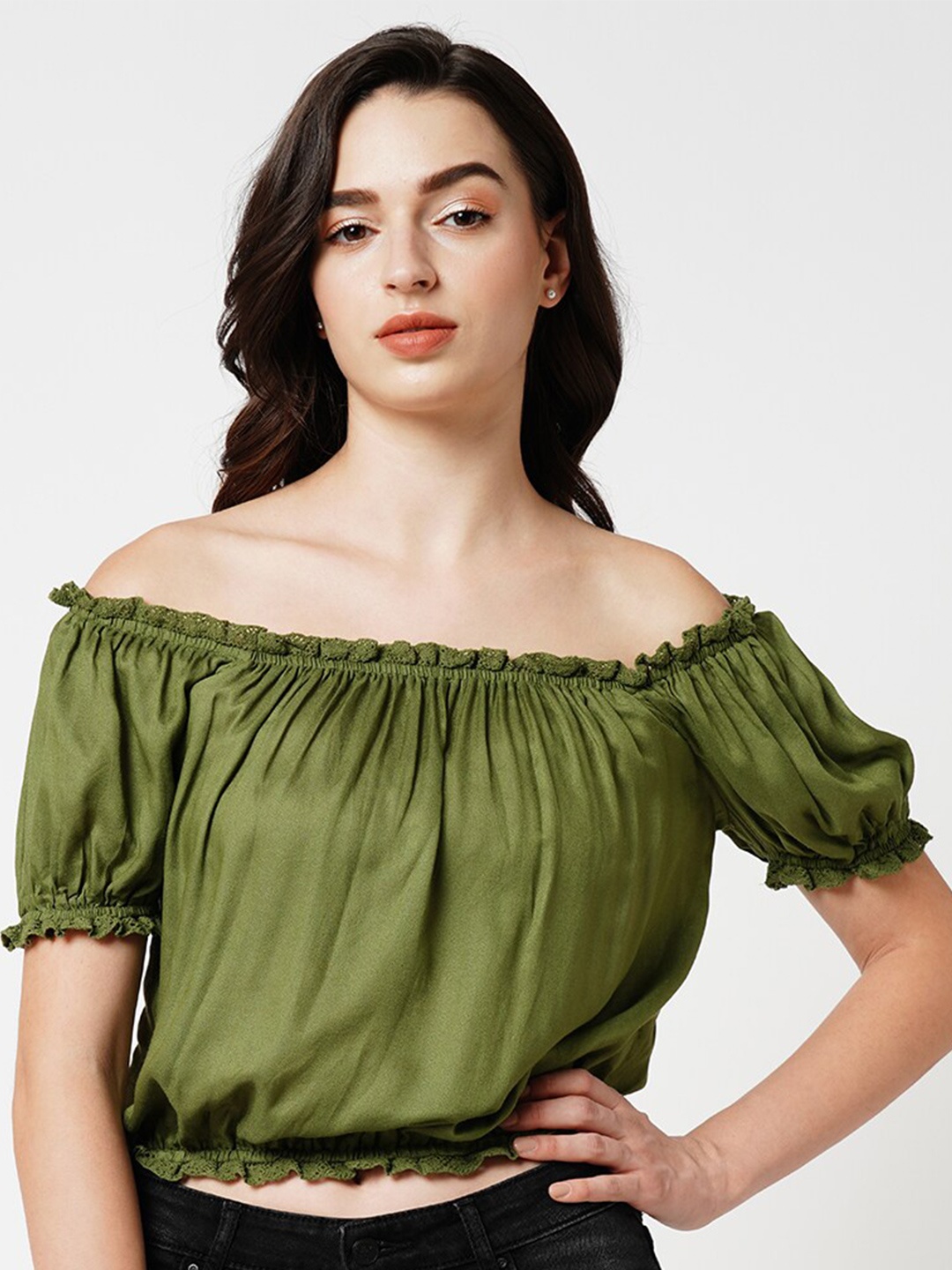 

ONLY Off-Shoulder Puff Sleeves Gathered Crop Bardot Top, Green