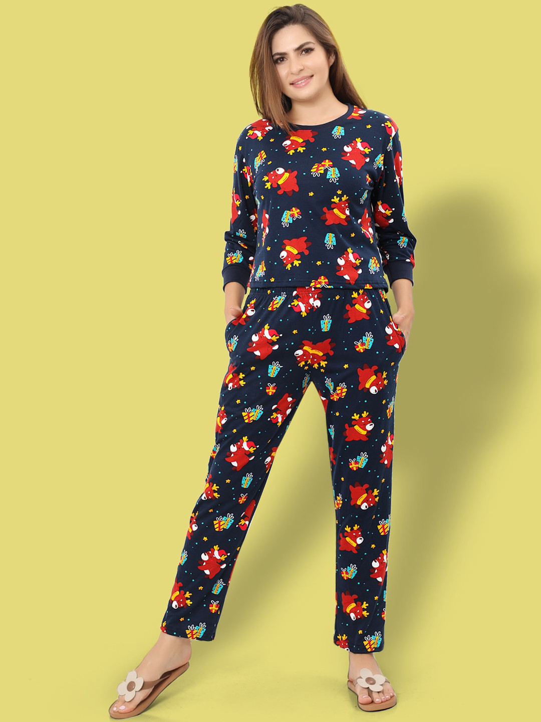 

Ninos Dreams Printed Cotton T-shirt With Pyjamas Night Suit, Navy blue