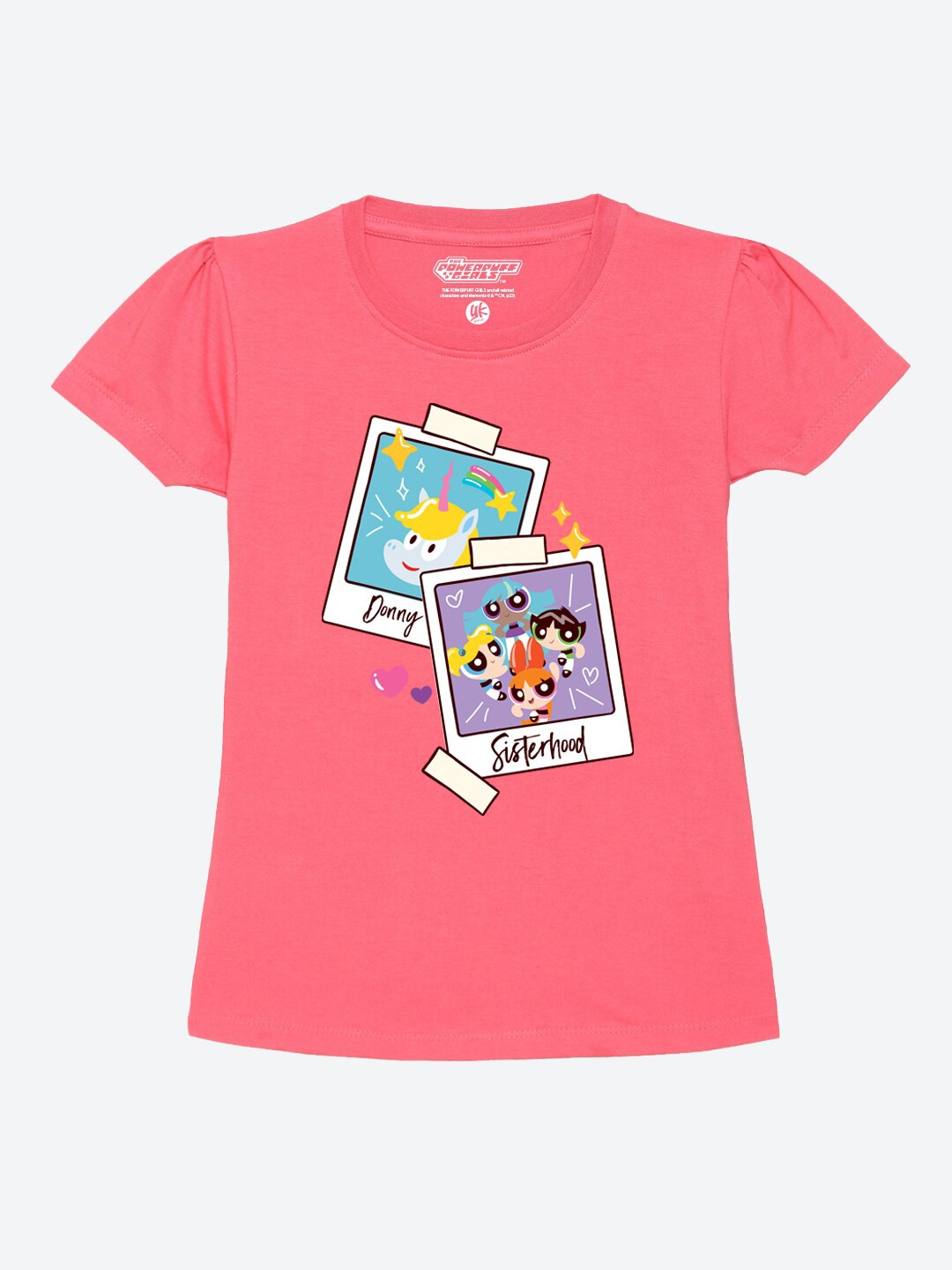 

YK Warner Bros Girls Powerpuff Girls Printed Puff Sleeves Pure Cotton T-shirt, Pink