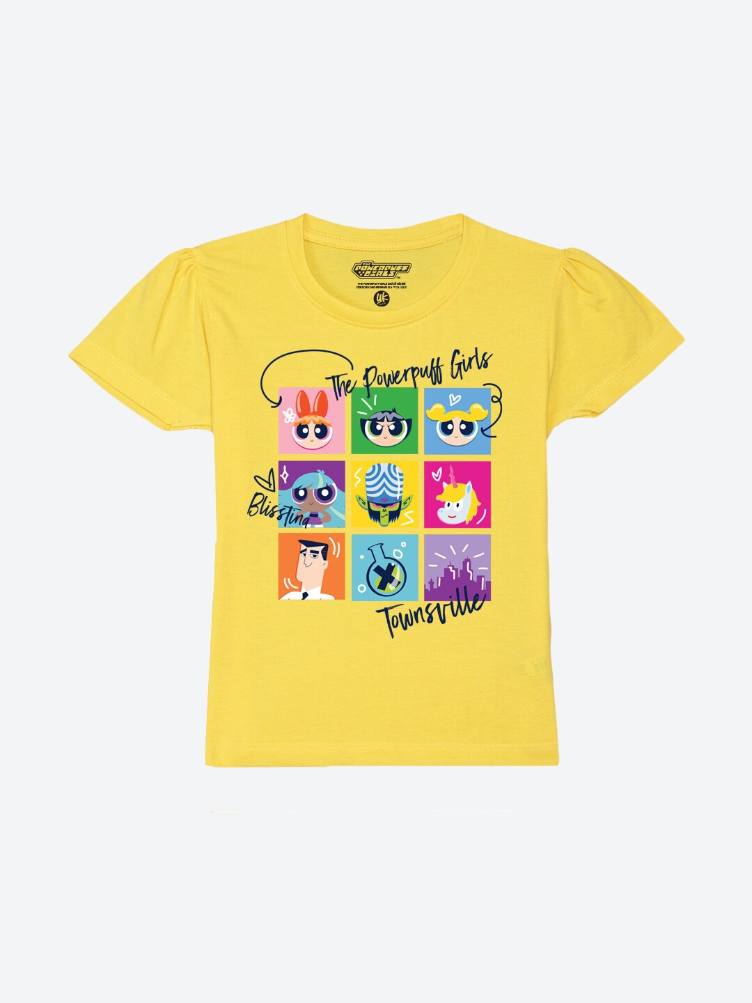 

YK Warner Bros Girls Powerpuff Girls Printed Puff Sleeves Pure Cotton T-shirt, Yellow