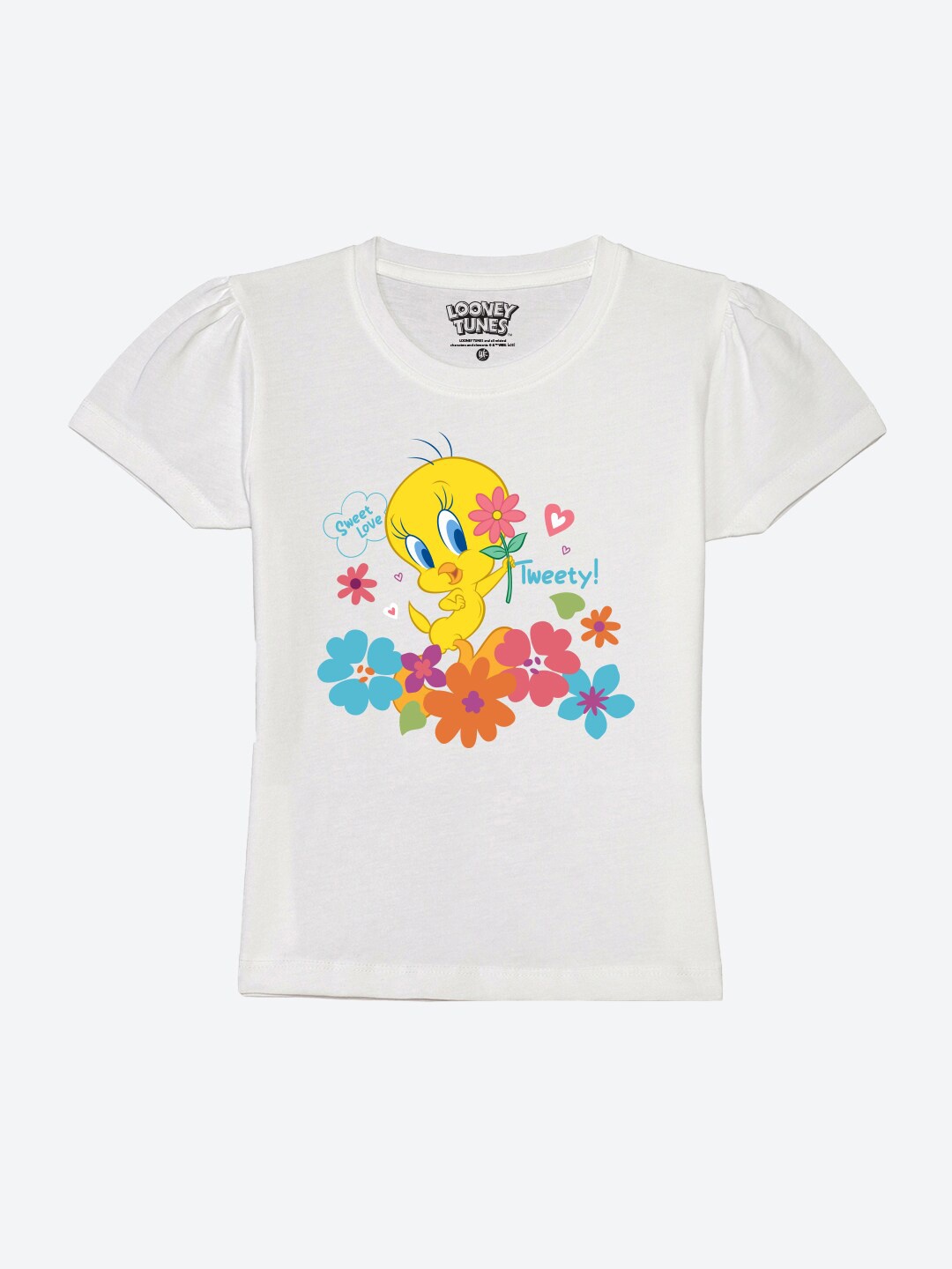 

YK Warner Bros Girls Looney Tunes Tweety Printed Puff Sleeves Pure Cotton T-shirt, White
