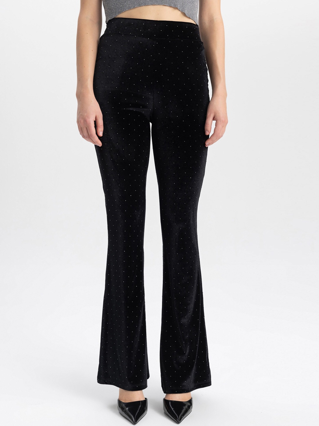 

DeFacto Women Conversational Printed Mid-Rise Bootcut Trousers, Black