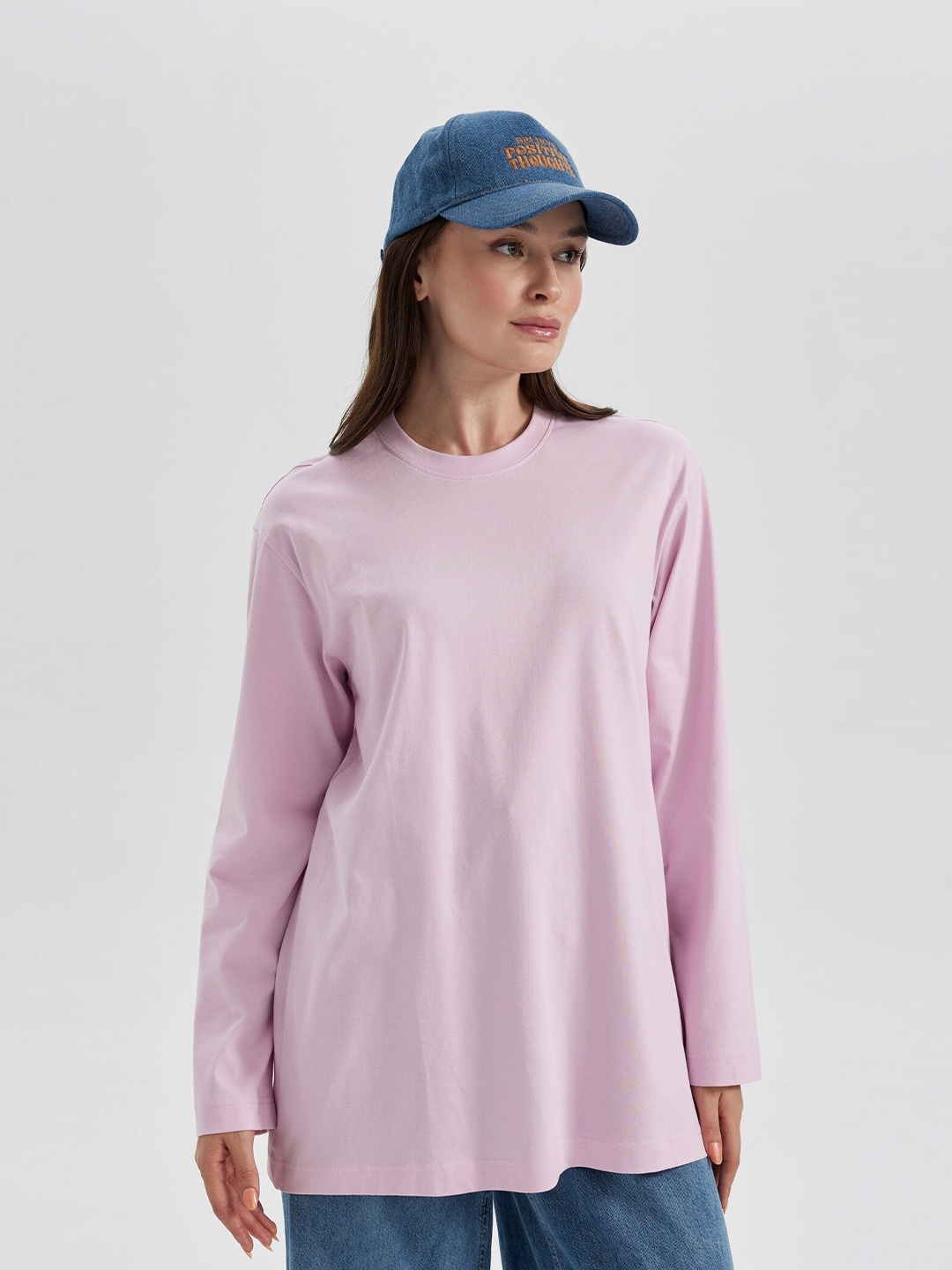 

DeFacto Round Neck Longline Pure Cotton Pullover Sweatshirt, Lavender