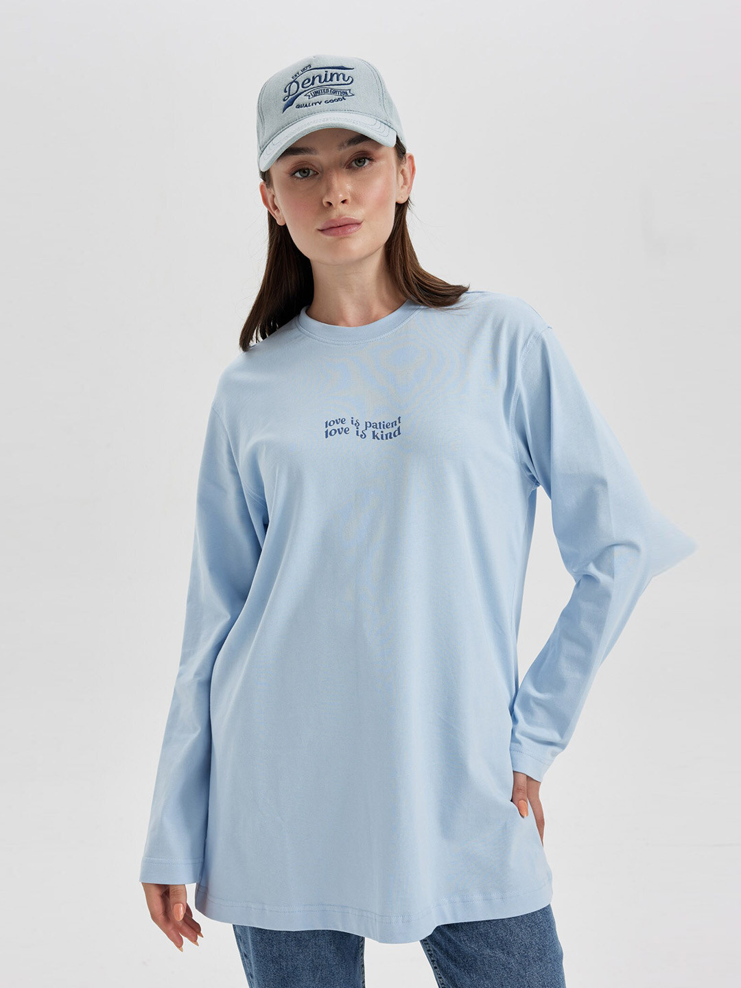 

DeFacto Typography Printed Longline Pure Cotton Pullover Sweatshirt, Blue
