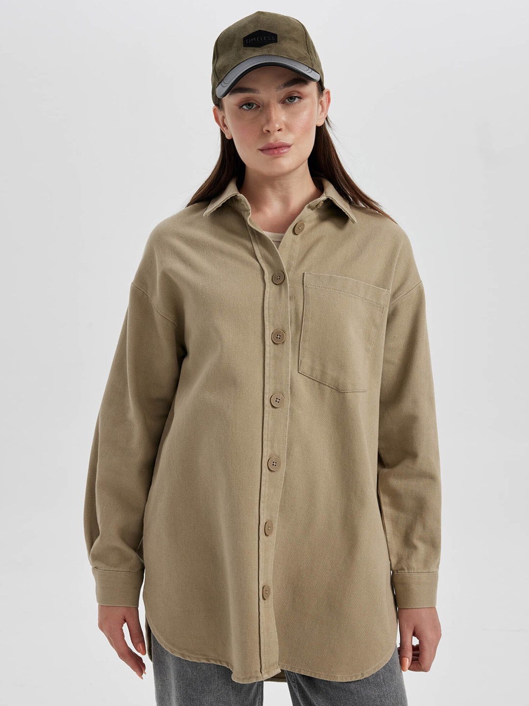 

DeFacto Spread Collar High Low Twill Longline Casual Pure Cotton Shirt, Brown