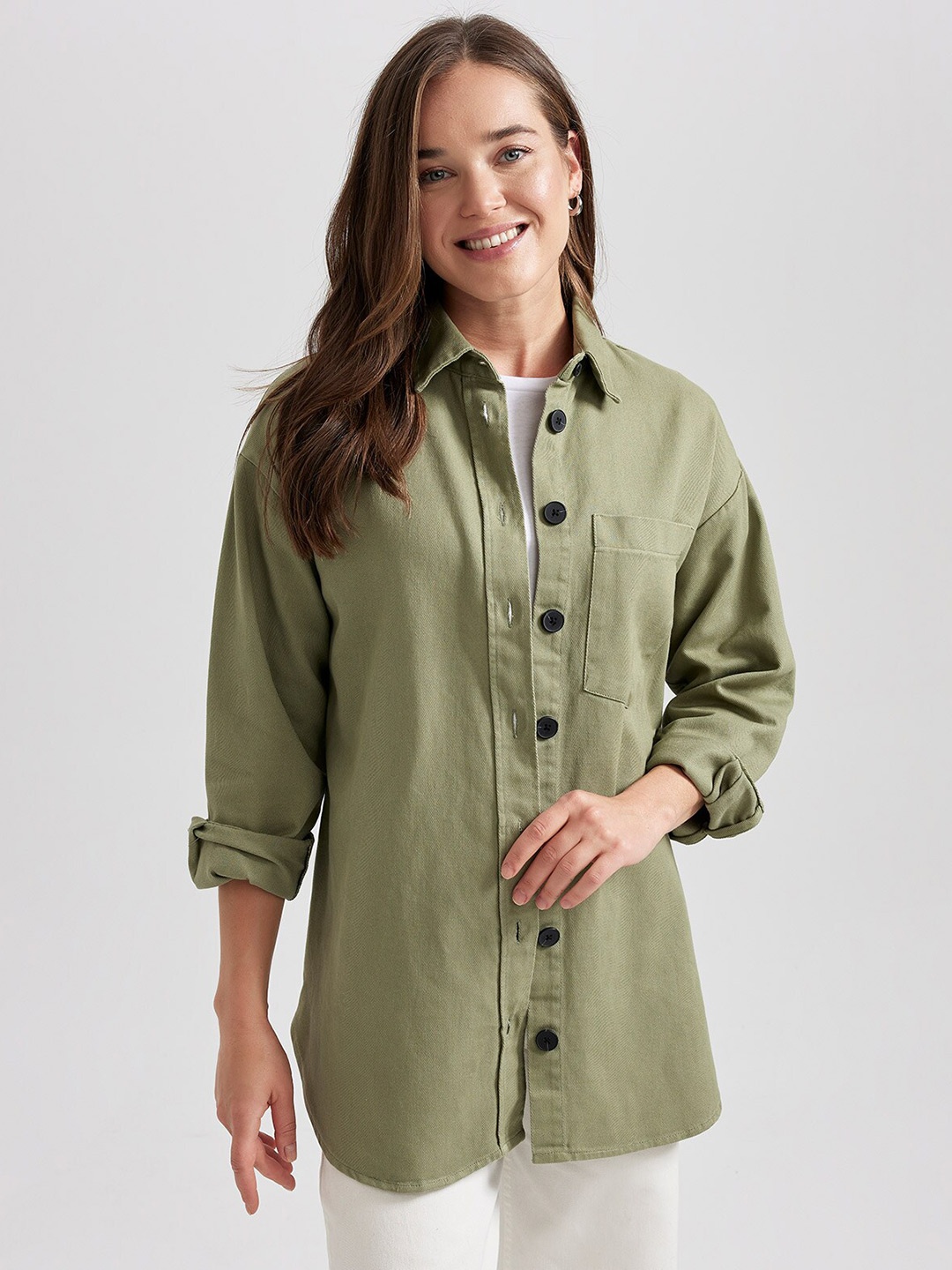 

DeFacto Spread Collar Twill Longline Casual Pure Cotton Shirt, Green