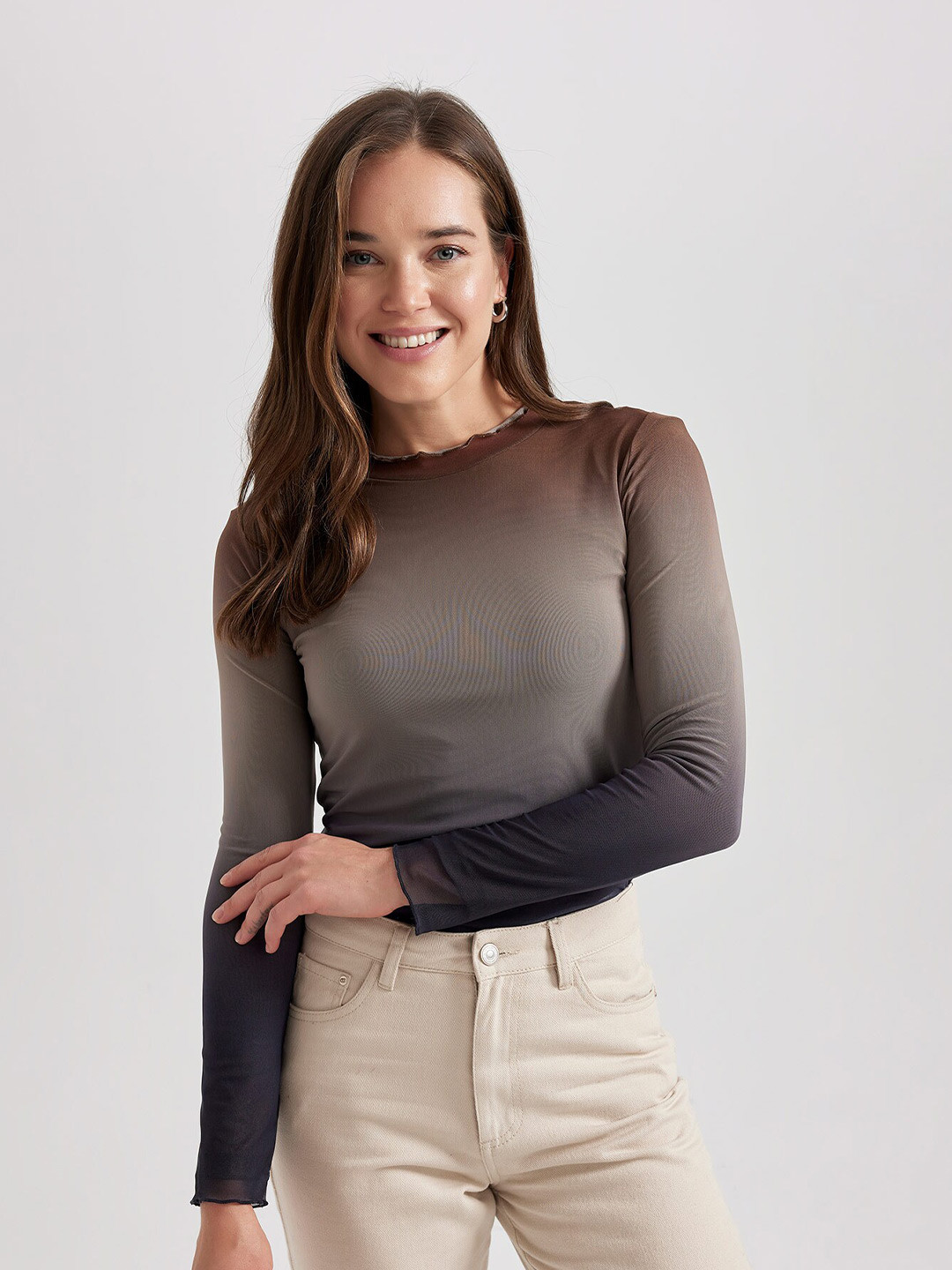 

DeFacto Ombre Dyed Long Sleeves High Neck Fitted Top, Brown