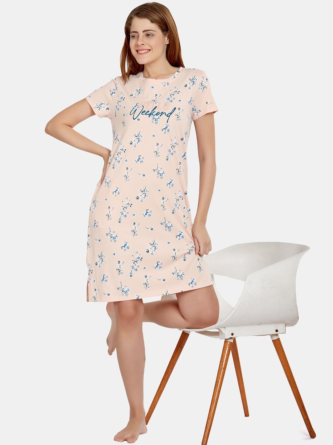 

MAYSIXTY Floral Printed Pure Cotton T-shirt Nightdress, Peach