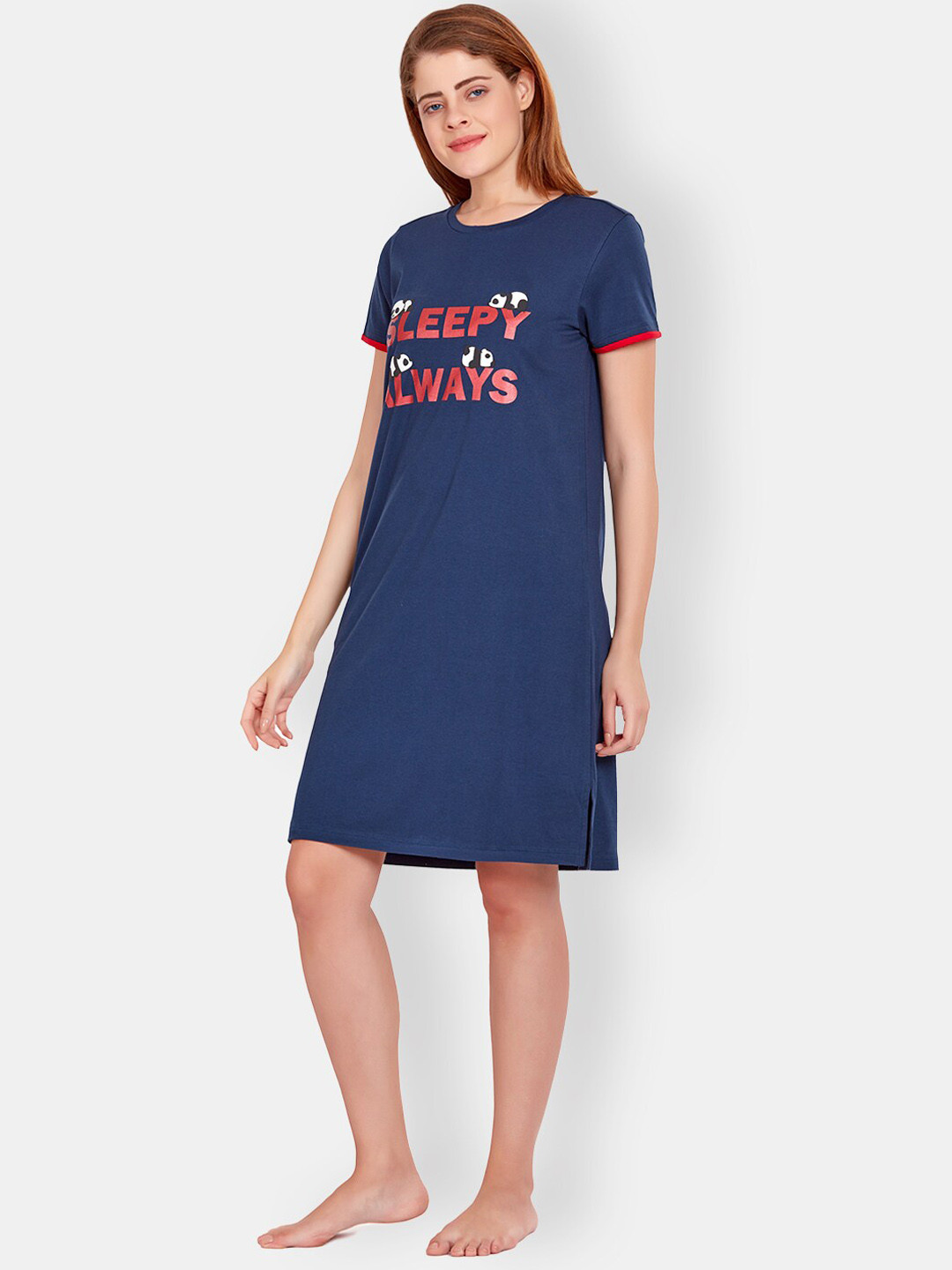 

MAYSIXTY Printed Pure Cotton T-Shirt Nightdress, Navy blue
