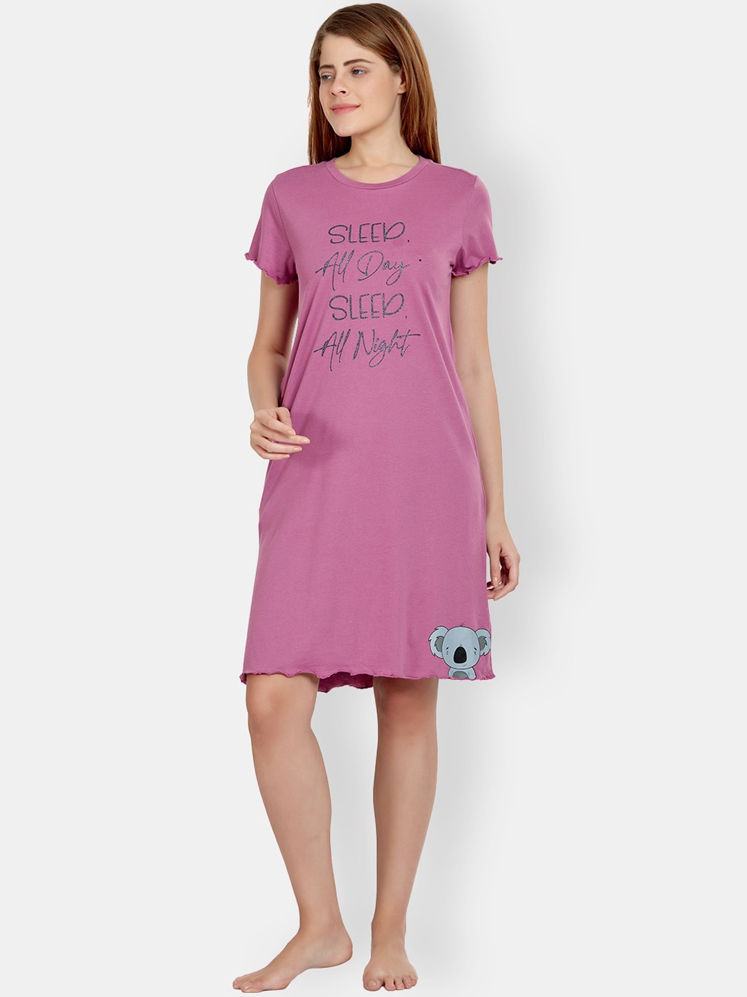 

MAYSIXTY Typography Printed Pure Cotton Nightdress, Purple
