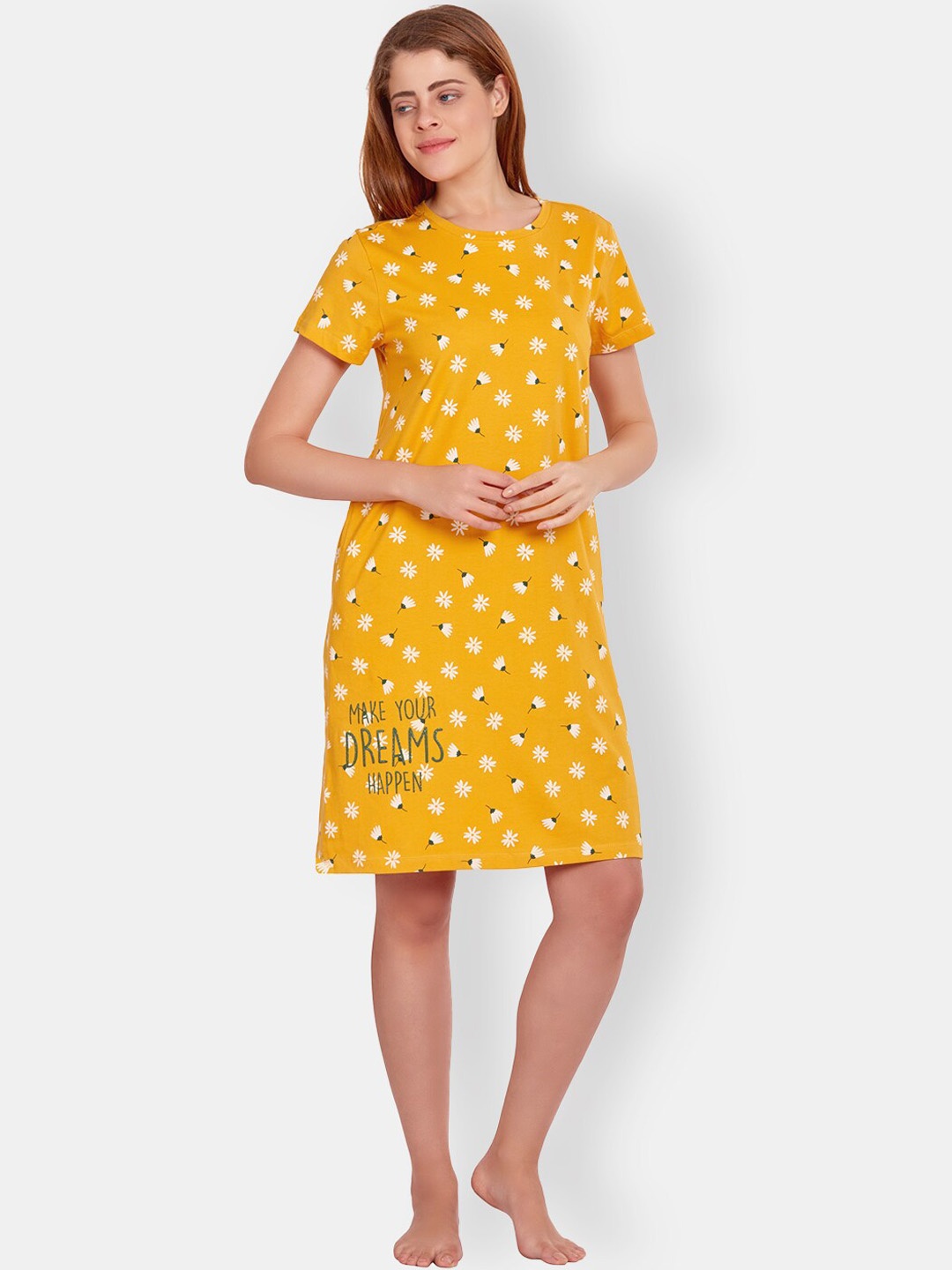 

MAYSIXTY Conversational Printed Pure Cotton Nightdress, Mustard