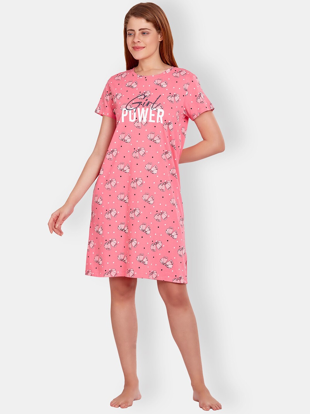 

MAYSIXTY Pink Printed Pure Cotton T-Shirt Nightdress