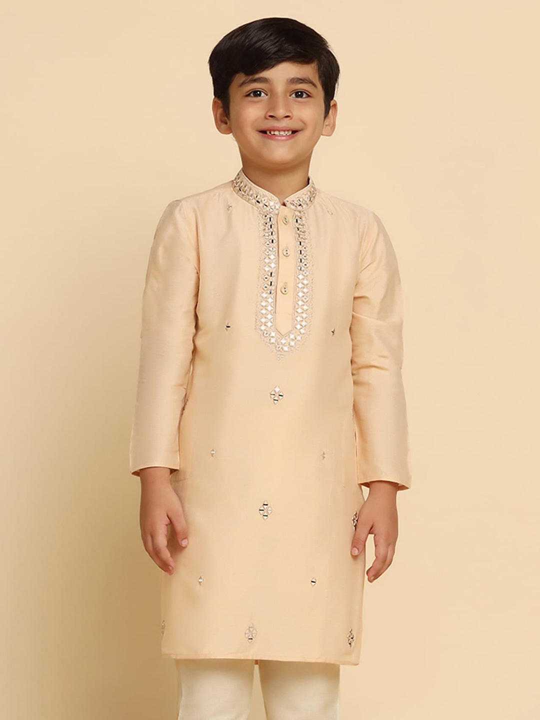 

KISAH Boys Embroidered Mirror Work Kurta, Cream