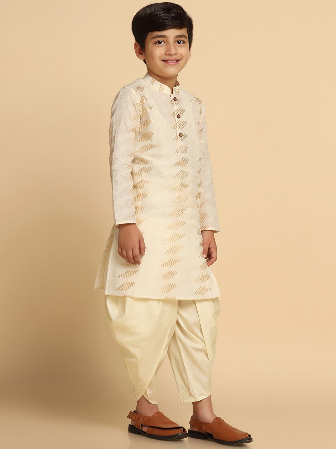 

KISAH Boys Woven Design Mandarin Collar Kurta, White